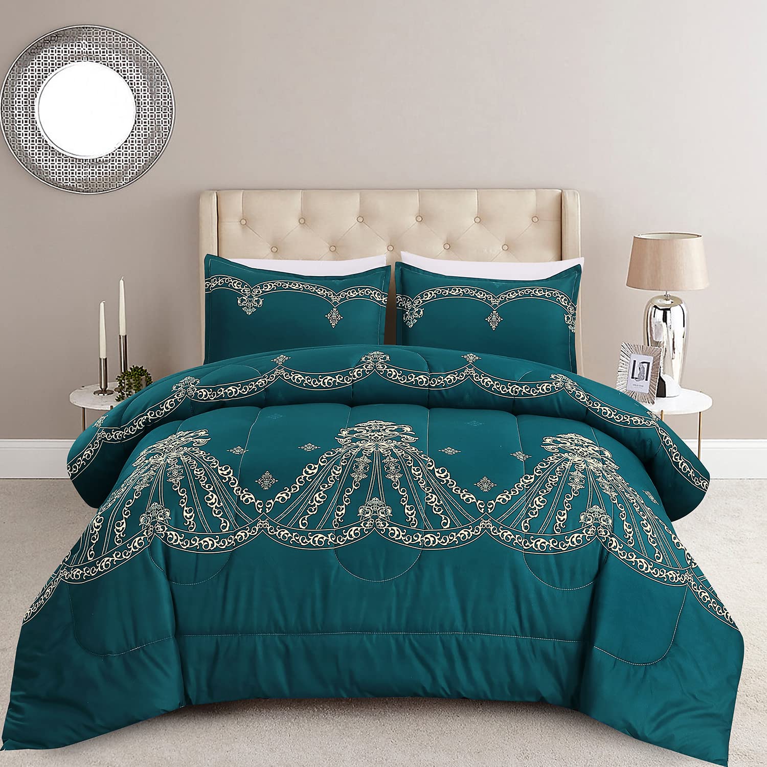 Comforter Set King Bedding Comforter Set 3 Pieces Dark Green Bed Sets Summer Lightweight King Comforter Set All Season Ultra Soft Bed Comforter with 2 Pillows