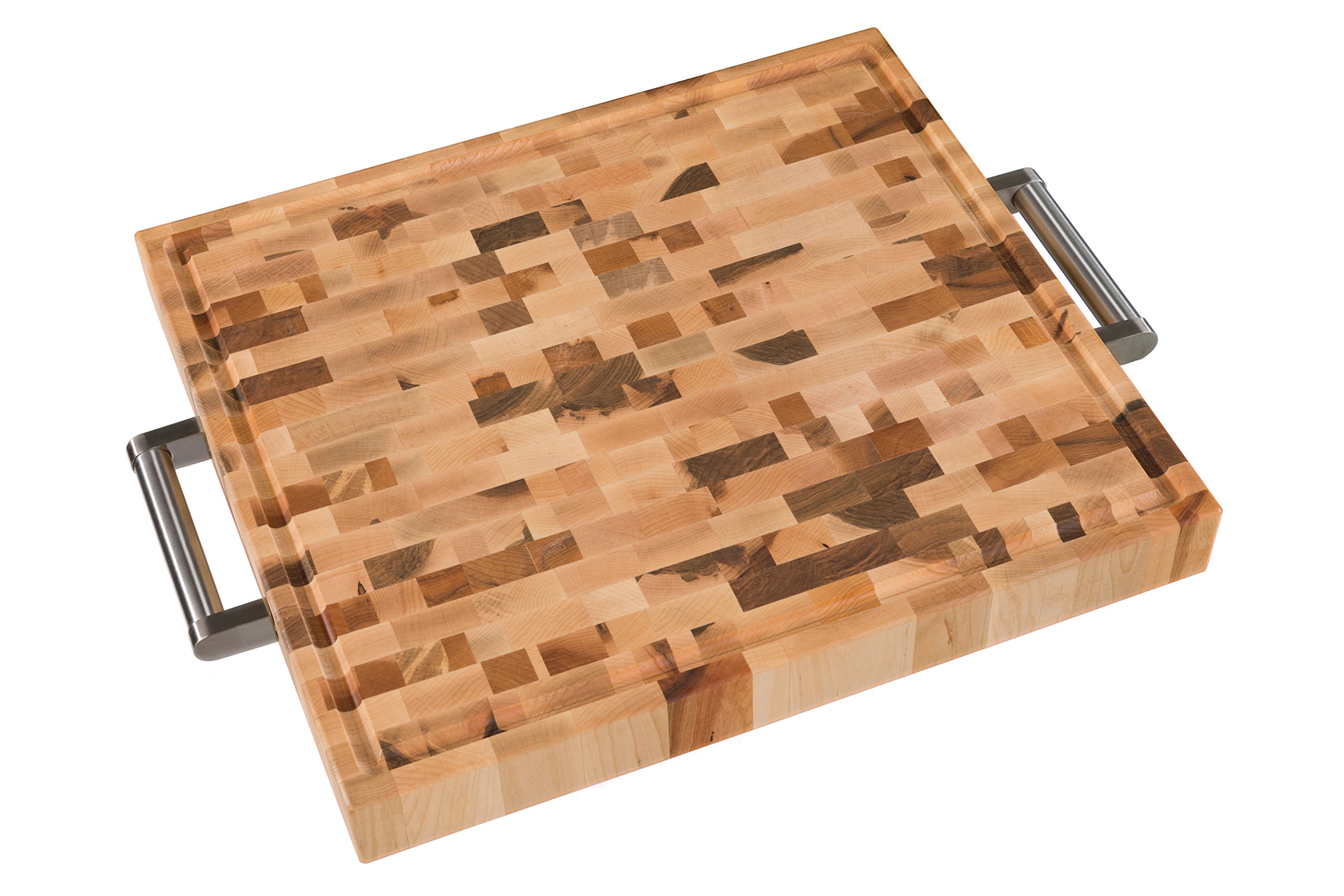 LABELLBoards L18168 Canadian End Grain Butcher Block of Stainless Steel Handles, Maple