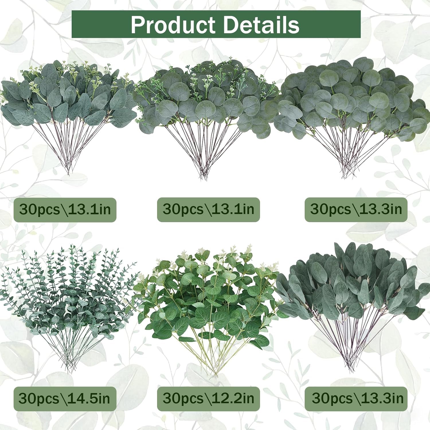 Zythrem 180PCS Piante Finti Eucalipto Foglie Artificiali Deco 6 Stili | Rami Eucalipto Artificialedi Foglie Verdi per Matrimoni, Composizioni Floreali,Feste, Accessori per Decorazione Casa
