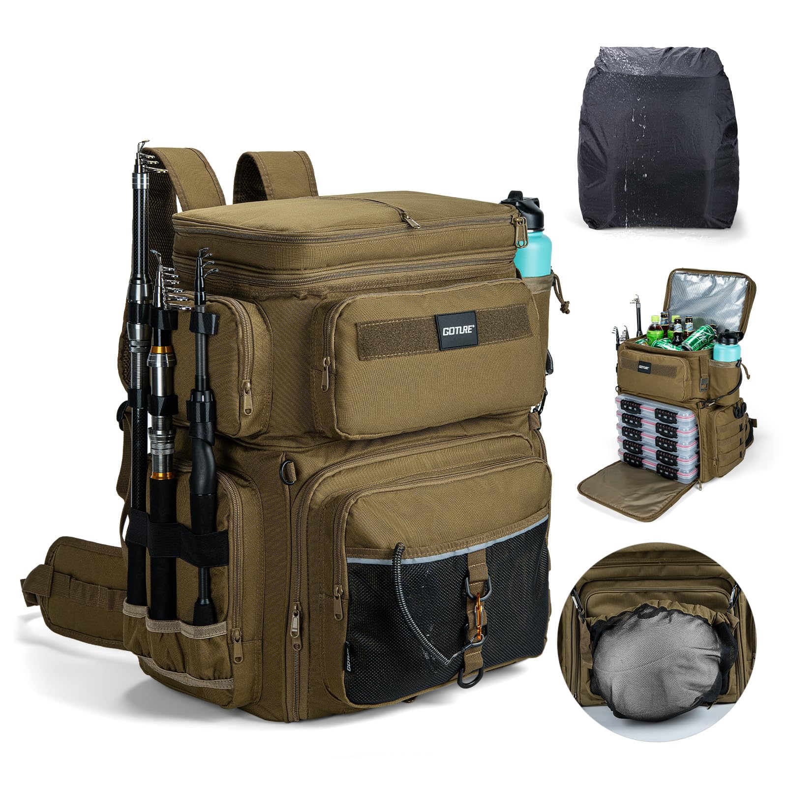 Goture 66L Fishing Tackle Bag with Insulated Cooler Khaki, 600D Oxford Soft Cover Fishing Backpack with 3 Rod Holders, Rain Cover, Water-Resistant Rucksack Fits 5 x 3700 Boxes (Bag Only)