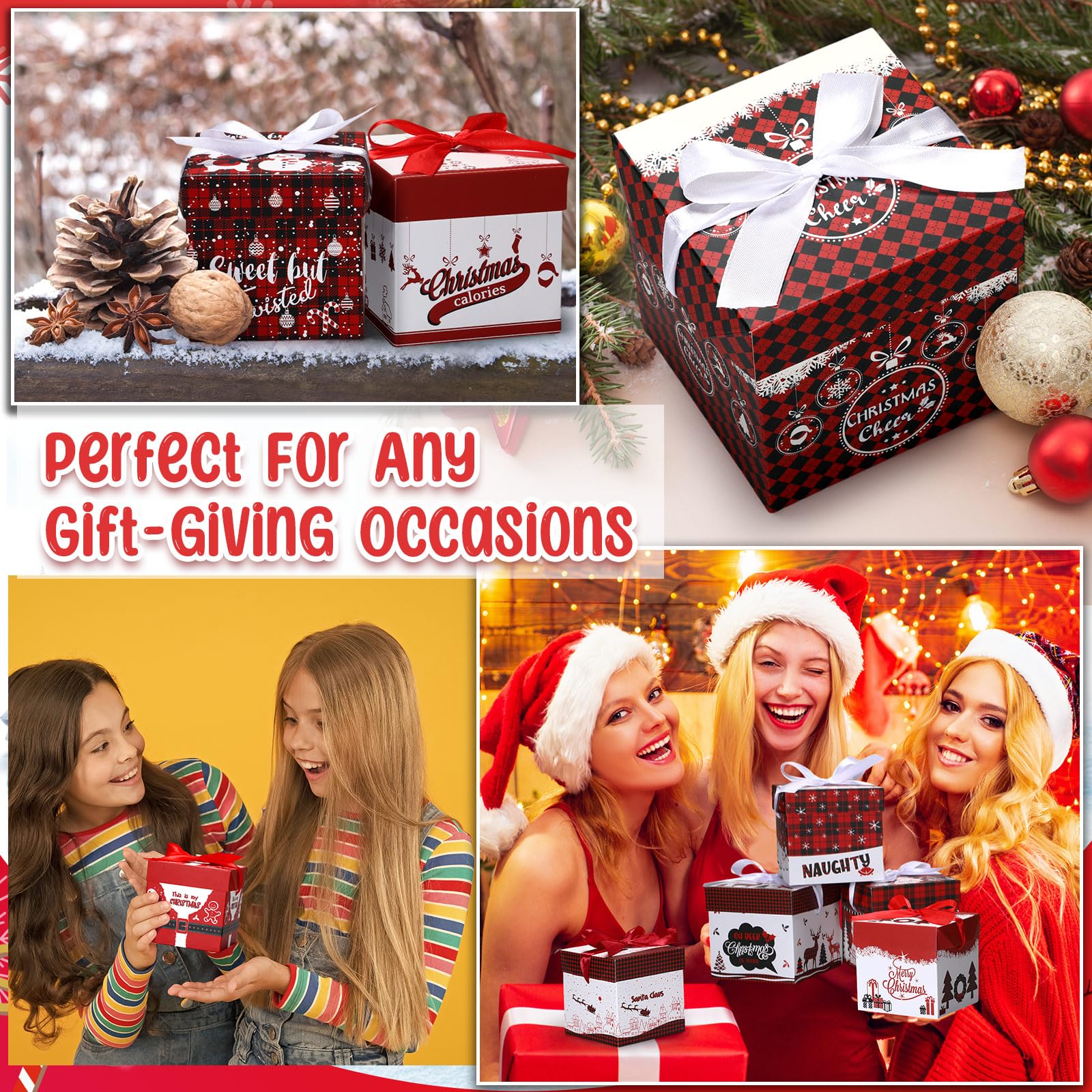 Cholemy 36 cajas de regalo de Navidad con tapas, pequeñas cajas cuadradas con lazo de cinta, cajas de Navidad de 4 x 4 x 4 pulgadas, cajas de regalo para fiestas de Navidad, embalaje de regalos, 12