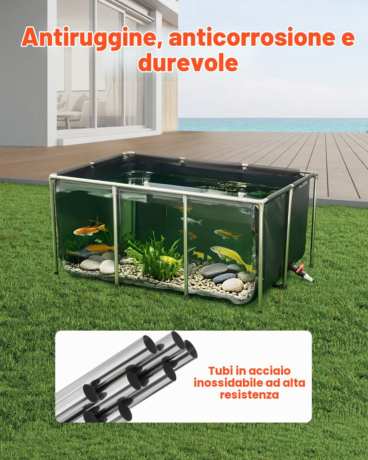 VEVOR Tela Peschiera Fuori Terra, con Pannello di Visualizzazione Trasparente, Rettangolare Pesci Rossi con Telaio in Acciaio Inox, Valvola di Scarico, per Allevamento Carpa, Nero 1023,3 L