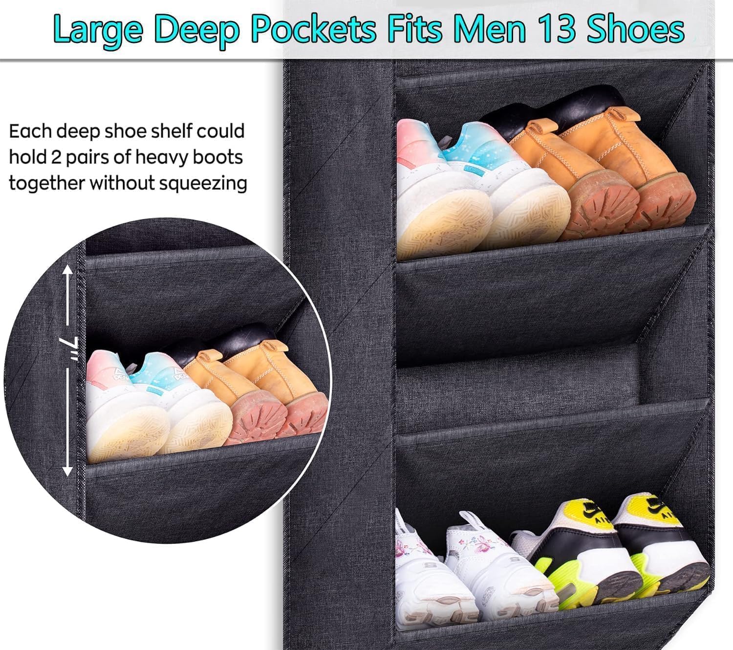 MISSLO Scarpiera porta da appendere per armadio, organizer corto per scarpe con grandi tasche profonde, sottile sopra la porta, per stivali in camper, dormitorio, nero