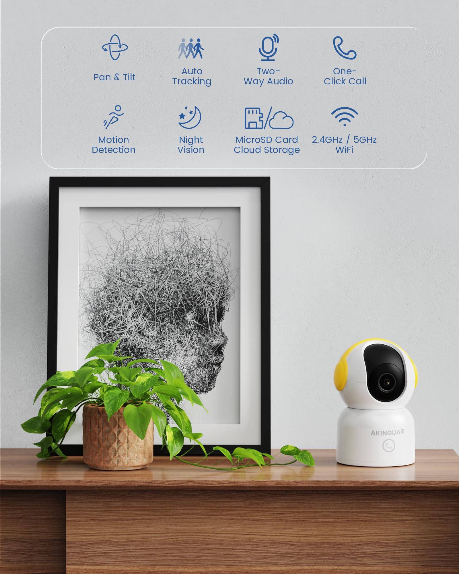 AKINGUAR T2 Telecamera WiFi Interno 2K(3MP), Videocamera di Sorveglianza, Rotazione a 355°, Visione Notturna, AI Intelligente Rilevamento di movimento/umanoide/gesto, Audio Bidirezionale