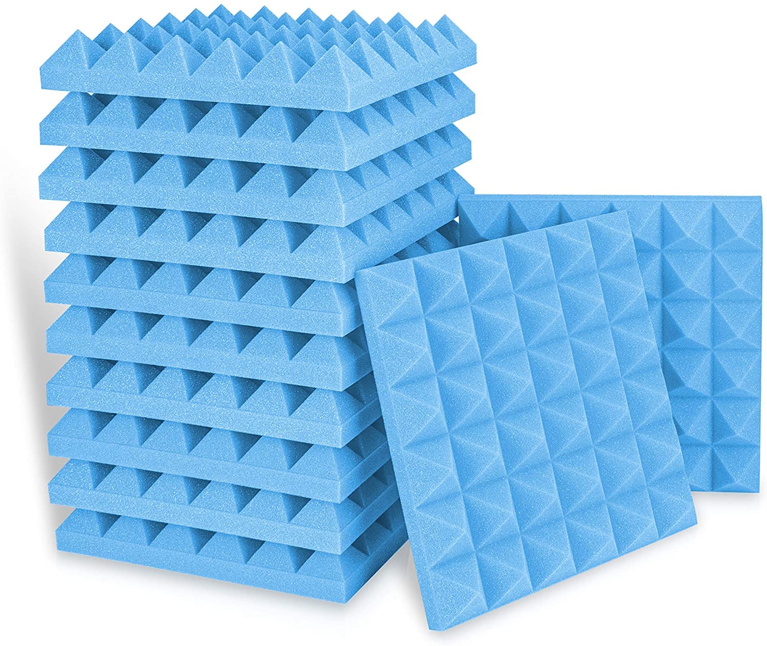KS Studio Acoustic Foam Panels, 12 Pack 2" X 12" X 12" Pyramid Tiles, Sound Absorbing, Dampening, Wall Soundproofing Treatment (Blue)
