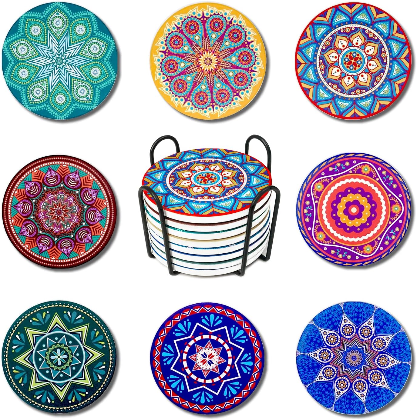 Set of 8 Absorbent Ceramic Coasters with Holder- Cork Base,Prevent Furniture from Dirty and Scratched, for Drinks,Coffee Mug Place Mats and Other Mugs and Cups 9240