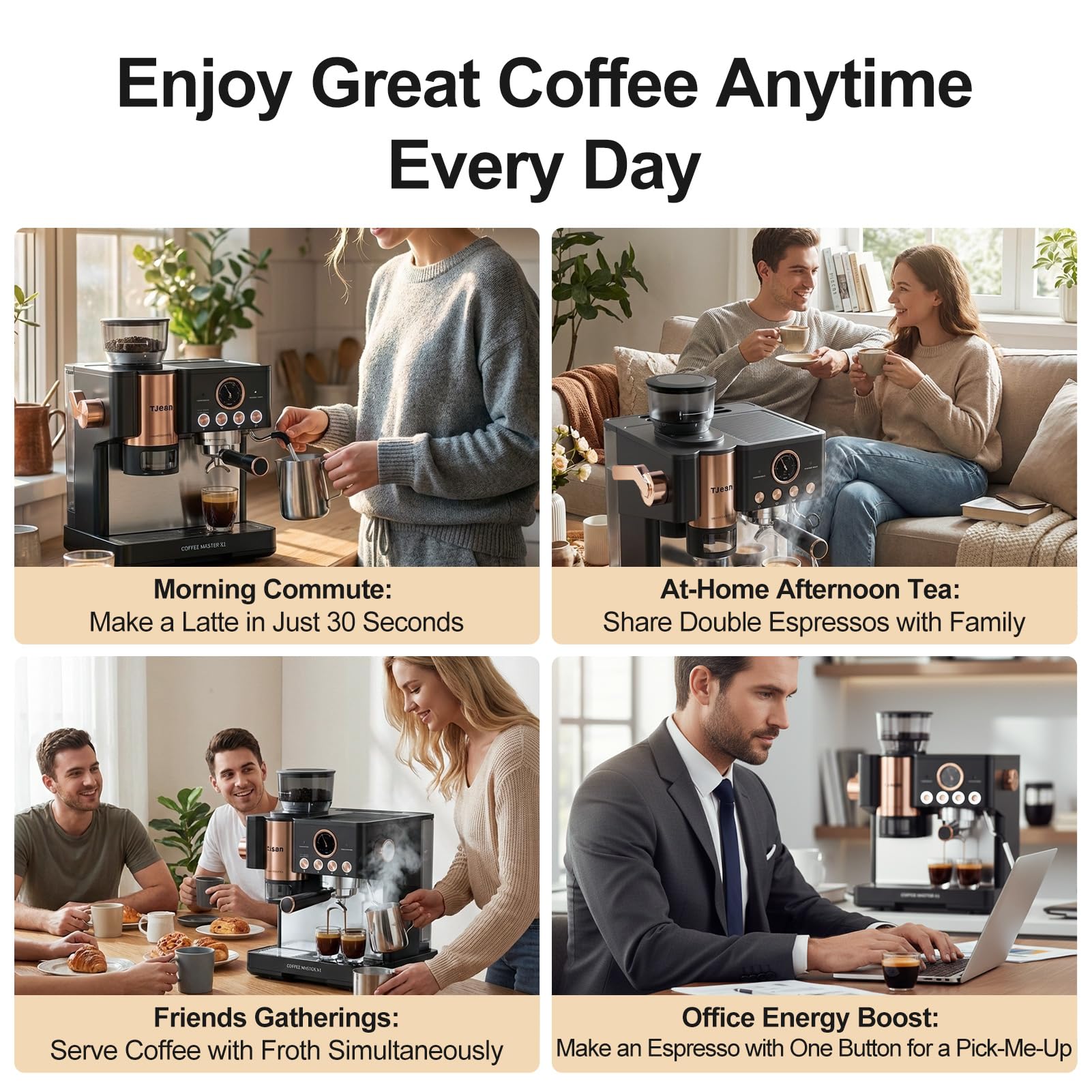 TJEAN Barista Senso – Macchina da Caffè a Doppia Pompa per Caffè in Grano con Macinatore Integrato, Espresso, Latte e Cappuccino con Sistema di Compattazione Intelligente, Schiumatore di Latte Manuale