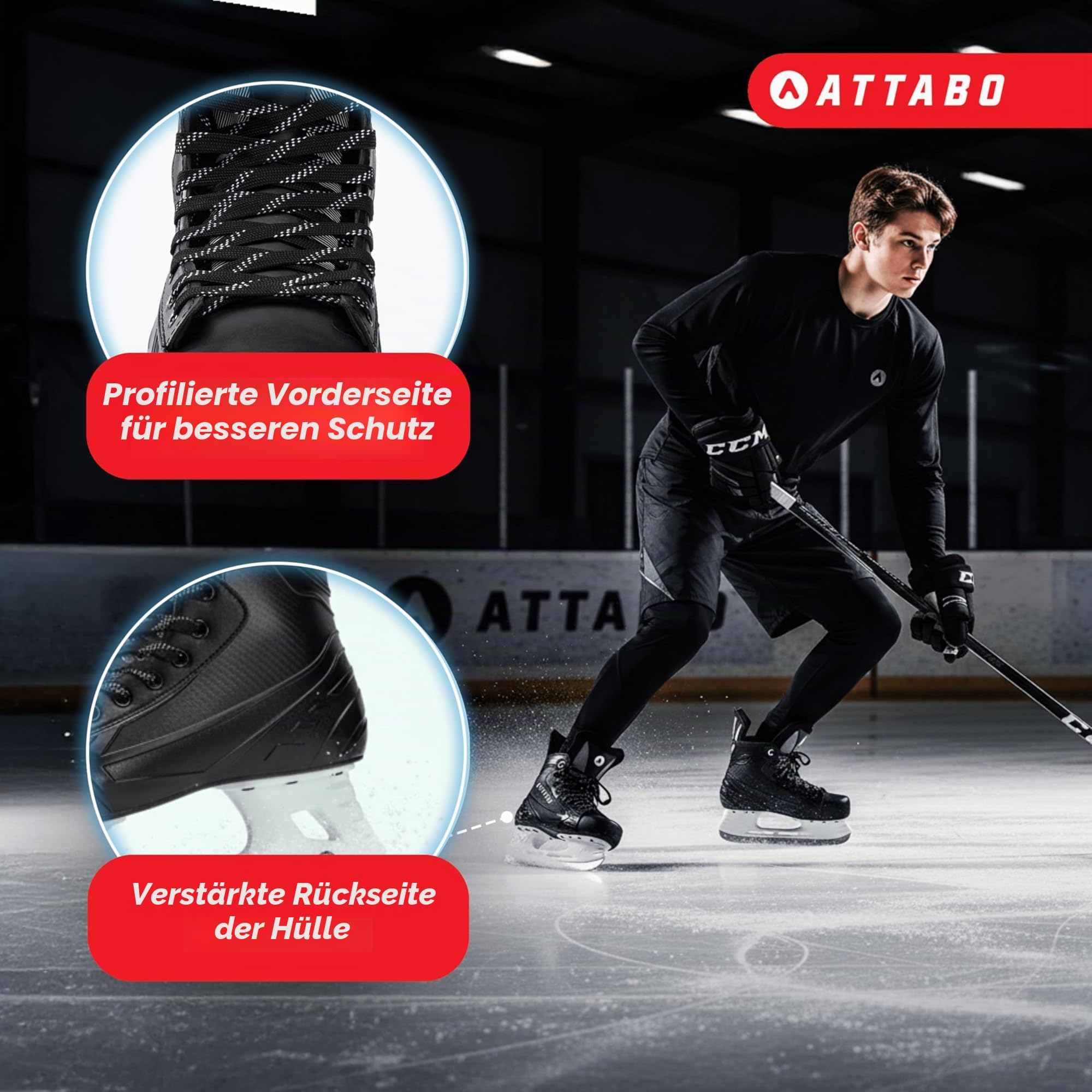 ATTABO Eishockey Schlittschuhe Herren Blade in Schwarz Größe 39 EU Langlebige Edelstahlkufe Stabiler Knöchelschutz Schnürverschluss Komfortabel und langlebig für Fortgeschrittene