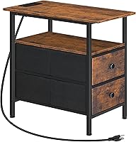 HOOBRO Narrow End Table with Charging Station, Slim Nightstand with 2 Drawers for Small Spaces, Rustic Brown/Black