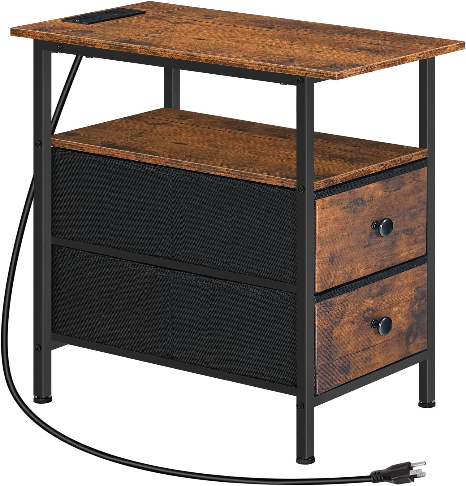 HOOBROEnd Table with Charging Station, Narrow Side Table, Nightstand with 2 Non-Woven Drawers, Slim Sofa Side Table, for Small Spaces, Living Room, Bedroom, Rustic Brown and Black BF486UBZ01
