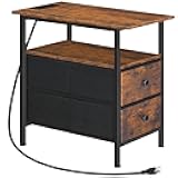 End Table with Charging Station, Narrow Side Table, Nightstand with 2 Non-Woven Drawers, Slim Sofa Side Table, for Small Spaces, Living Room, Bedroom, Rustic Brown and Black BF486UBZ01