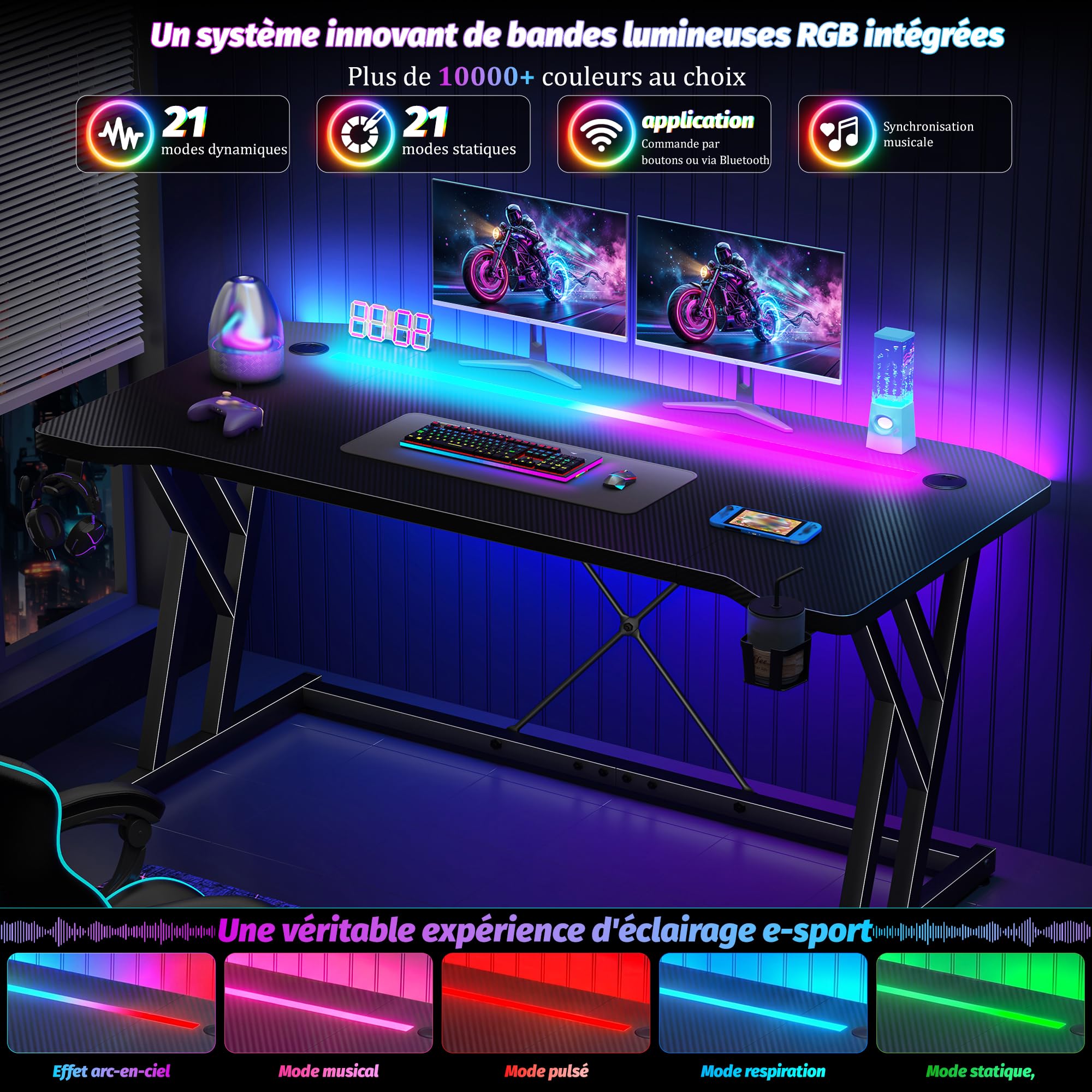 120 x 60 x 75 cm Bureau Gaming LED, Structure Double Z Stable