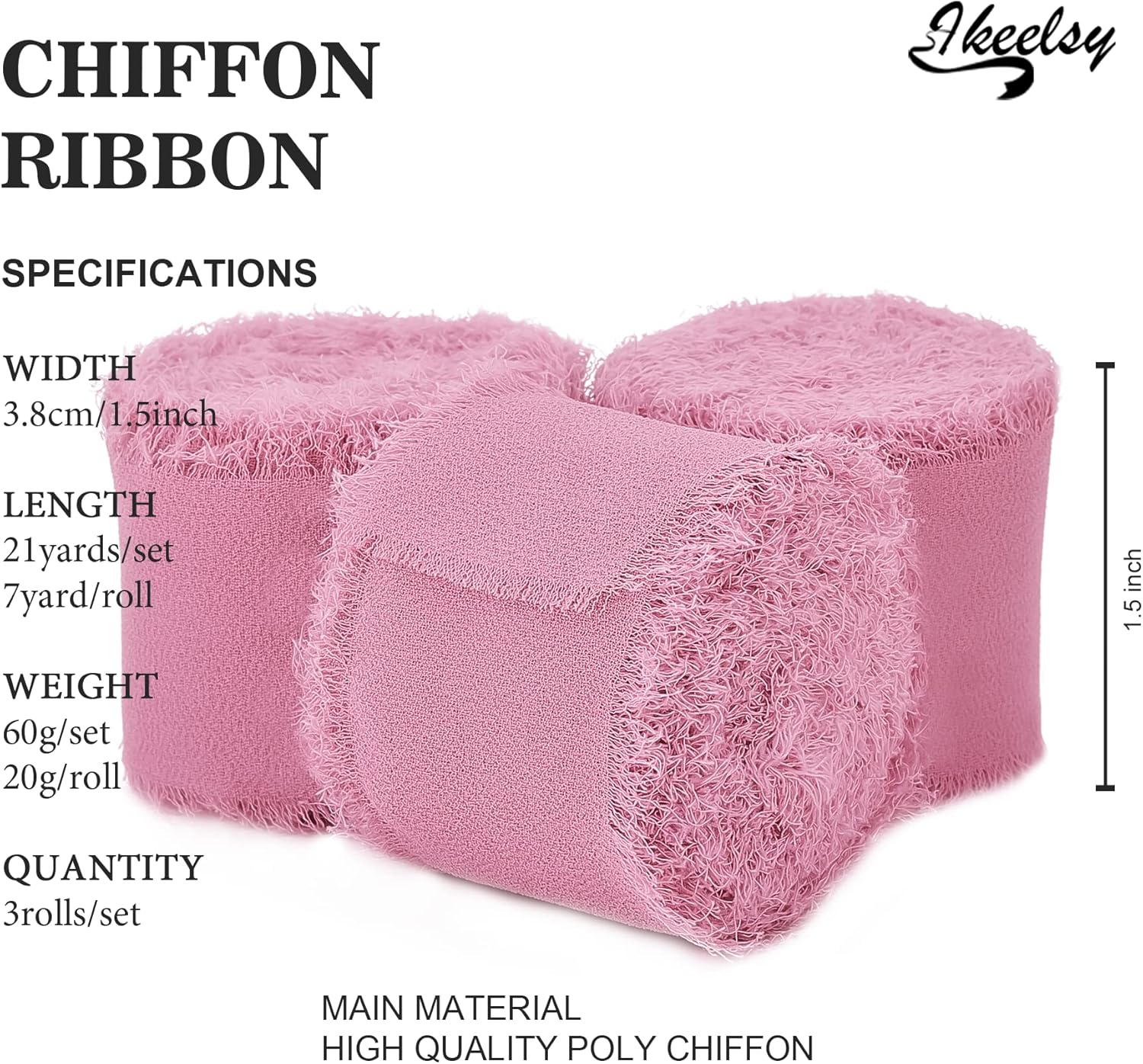 Chiffon Ribbon Fringe Gift Ribbon 3 Rolls 1.5" Wide x 7 Yd Dusty Rose Ribbons Set for Wedding Decor, Gift Wrapping, Bridal Bouquets, Handmade Crafts