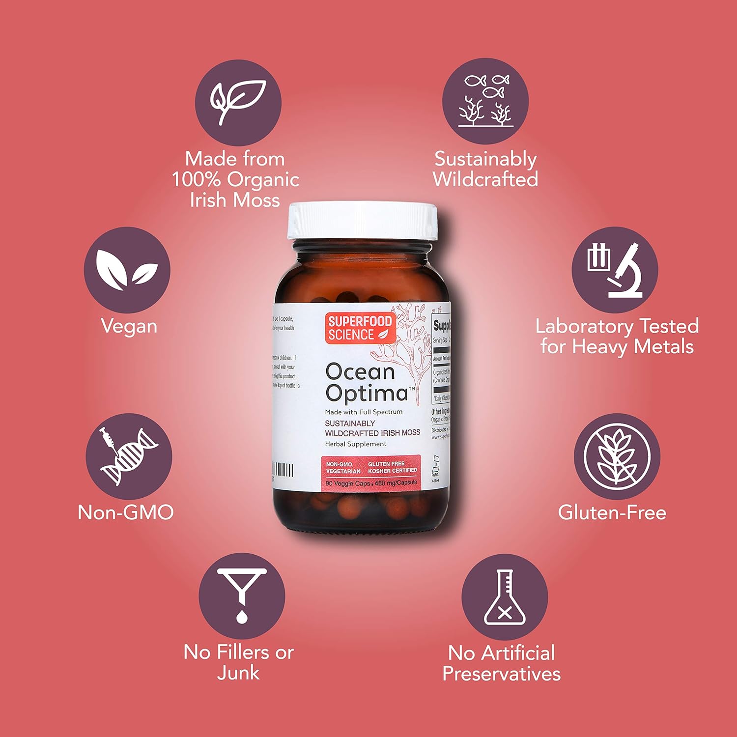 Ocean Optima Organic Sea Moss Capsules (Chondrus crispus) for Skin, Nail, Hair, and Gut, Naturally Occurring Kosher Iodine for Thyroid Support, Single-Ingredient Wild Irish Seamoss, Vegan, 90 Servings