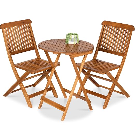 Best Choice Products 3-Piece Acacia Wood Bistro Set, Folding Patio Furniture for Backyard, Balcony, Deck w/ 2 Chairs, Round Coffee Table, Teak Finish - Natural