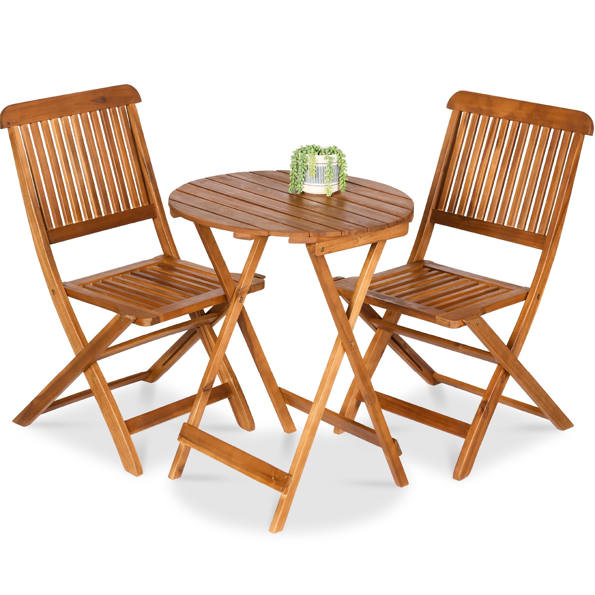 Best Choice Products 3-Piece Acacia Wood Bistro Set, Folding Patio Furniture for Backyard, Balcony, Deck w/ 2 Chairs, Round Coffee Table, Teak Finish - Natural