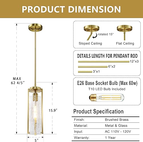 Miniatura 5 de Untrammelife Lámpara colgante moderna dorada, lámpara colgante de cristal agrietado de 14 pulgadas de alto, 1 lámpara de techo de latón cepillado