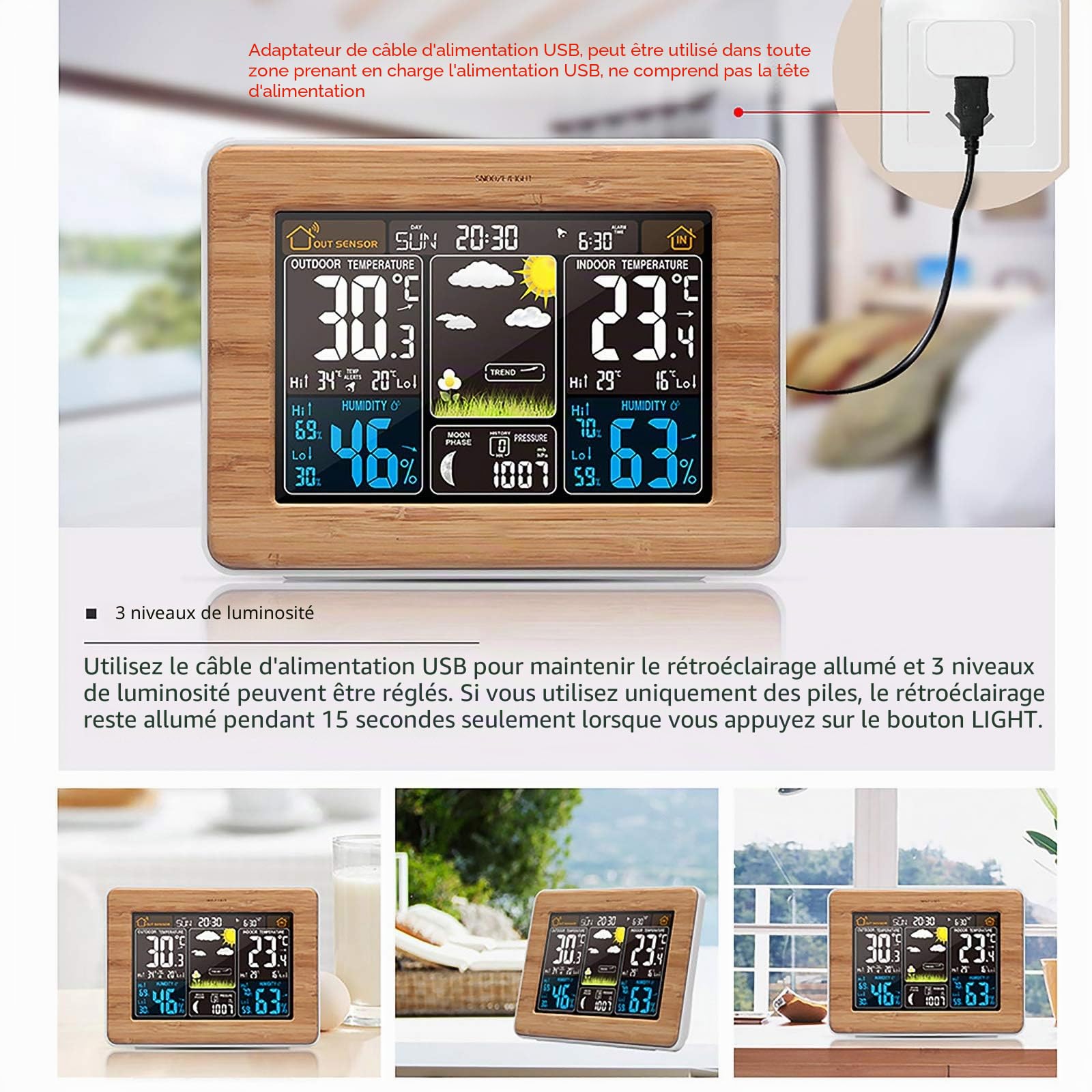 ALLOMN Station Météo Sans Fil, Écran Couleur LCD Station Météo Numérique avec Capteur Réveil Moniteur de Température et d'Humidité Barométrique Prévisions Météo pour Maison Bureau Jardin Ferme (Jaune)