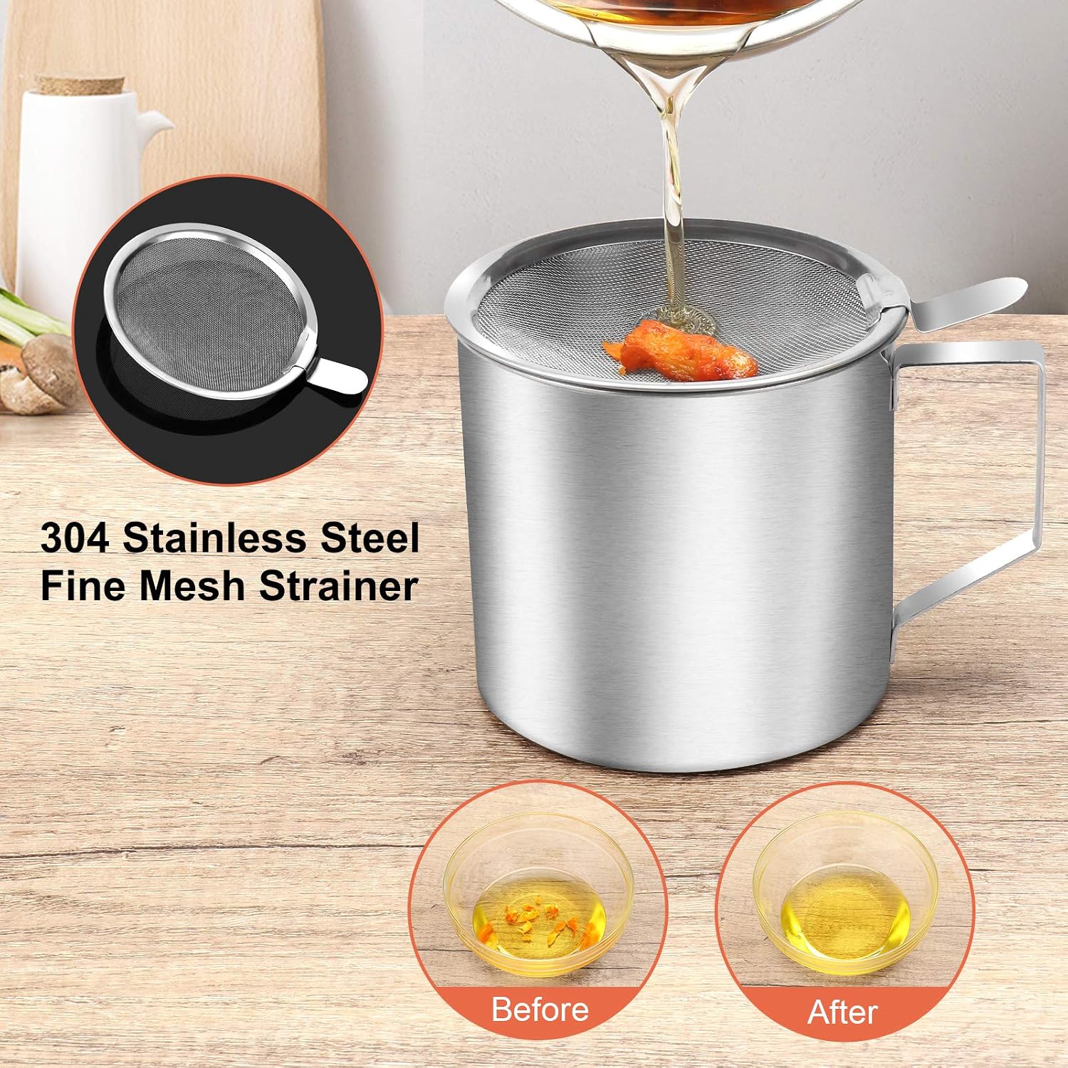 Bacon Grease Container with Stainless Steel Grease Strainer Perfect As Pan Grease Holder, Cooking Oil Keeper and Storage(1.25 Quart | 5 Cups)