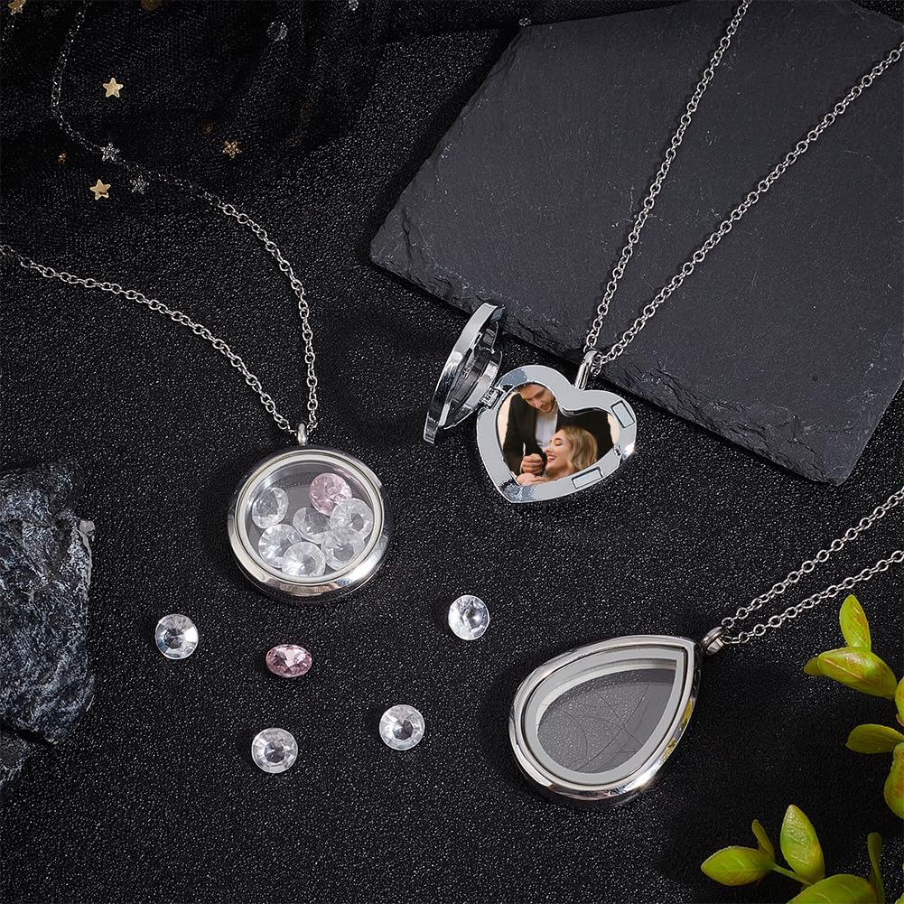 PH PandaHall 3 Styles Locket Pendant Necklace 304 Stainless Steel Memory Floating Charms Round Memory Necklace Teardrop Heart Pendant Buckle Closure for Women Friendship Necklace Memory Nostalgic - Image 5
