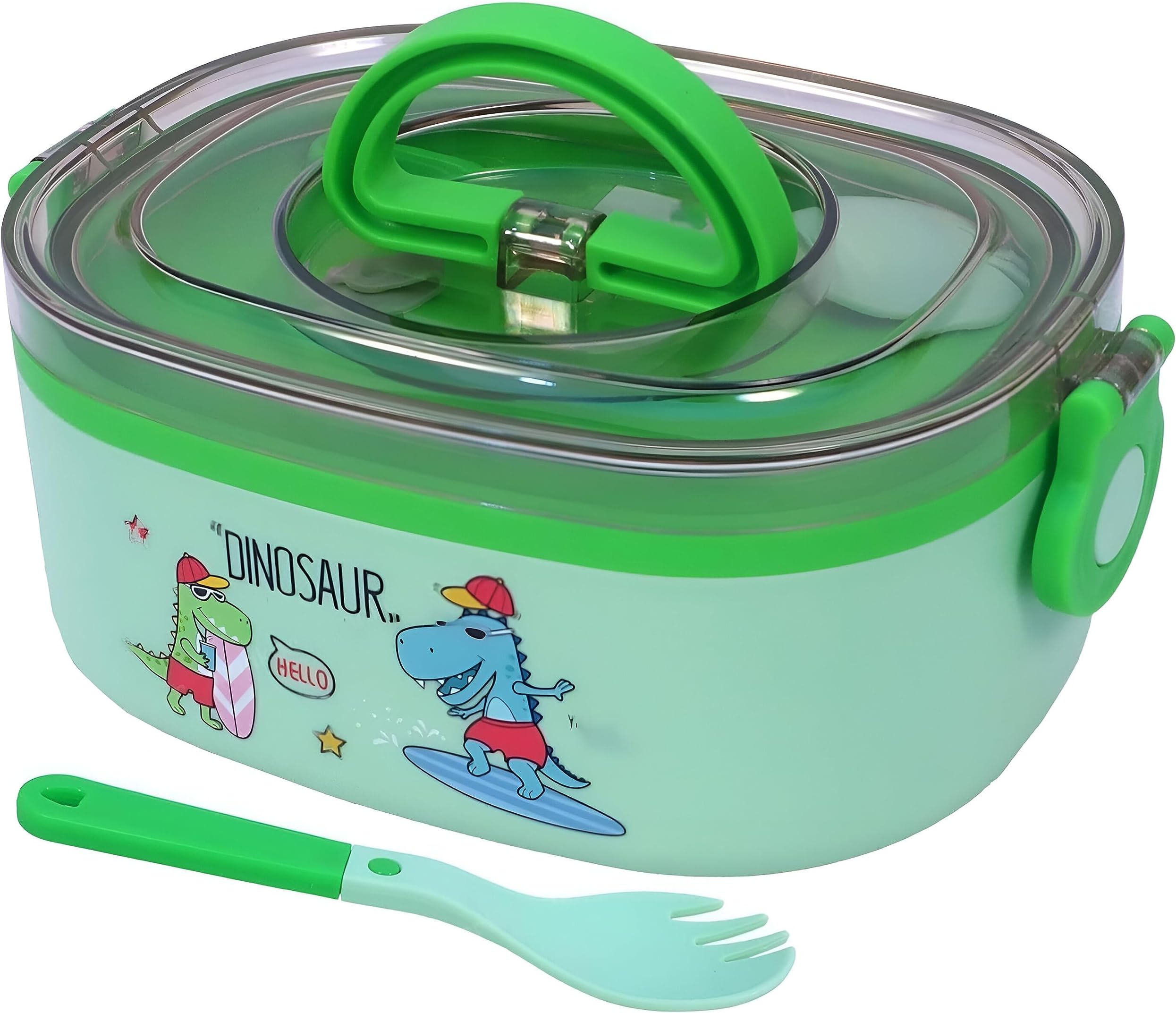 DREAM DOODLE Dinosaur Lunch Box Microwave Safe Thermal Stainless Steel Insulation Brunch Munch Box Tableware Set Portable Lunch Containers Tiffin Box for School Boys, Girls - 800 ML (Dinosaur Green)