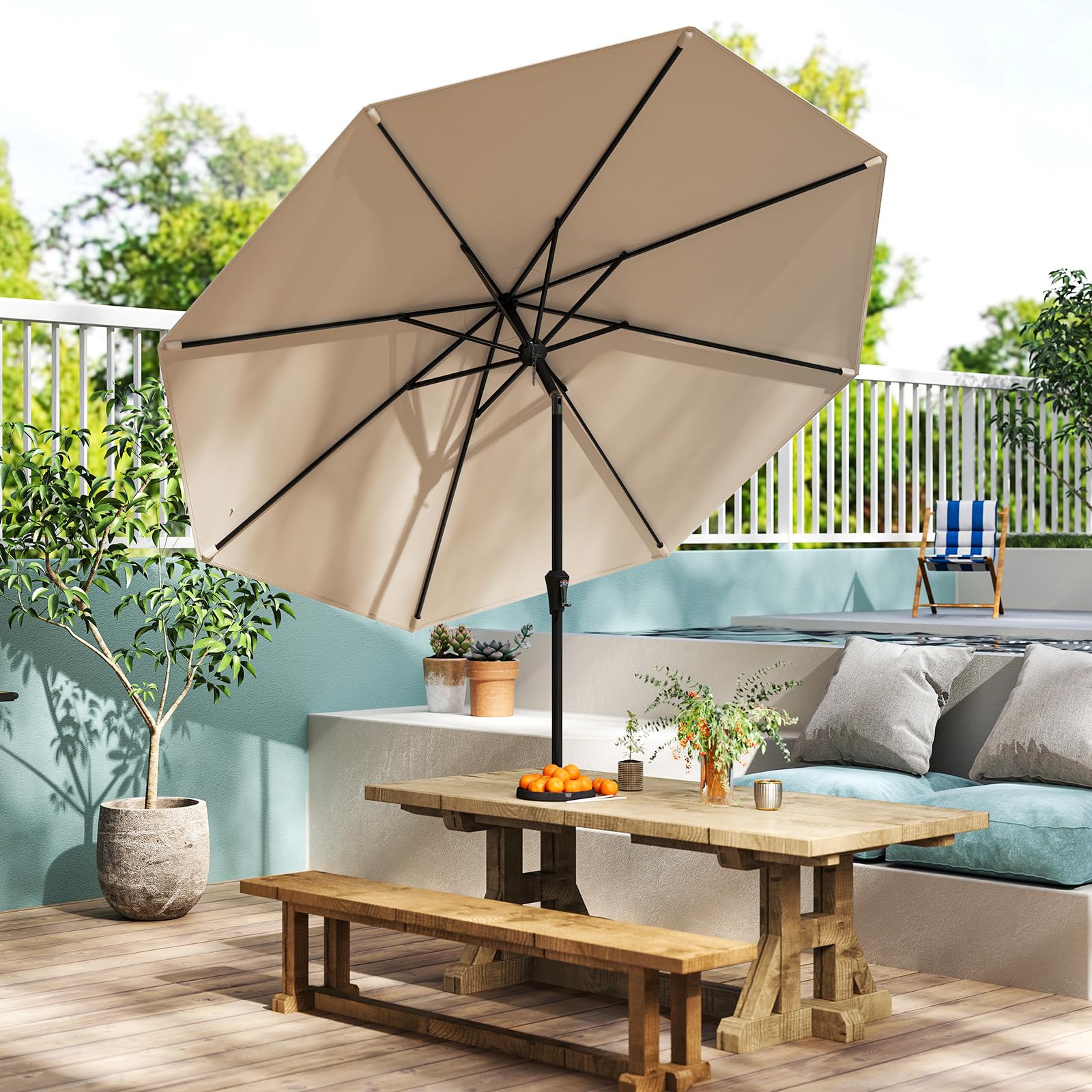 COSTWAY Parasol de Jardin Exterieur 270 cm, Parasol Balcon Solaire, 35 ° Inclinaison, Manivelle, Tissu Polyester, Toit Ventilé, Goupille de Sécurité, 8 Baleines, pour Terrasse Piscine Plage (Brun)
