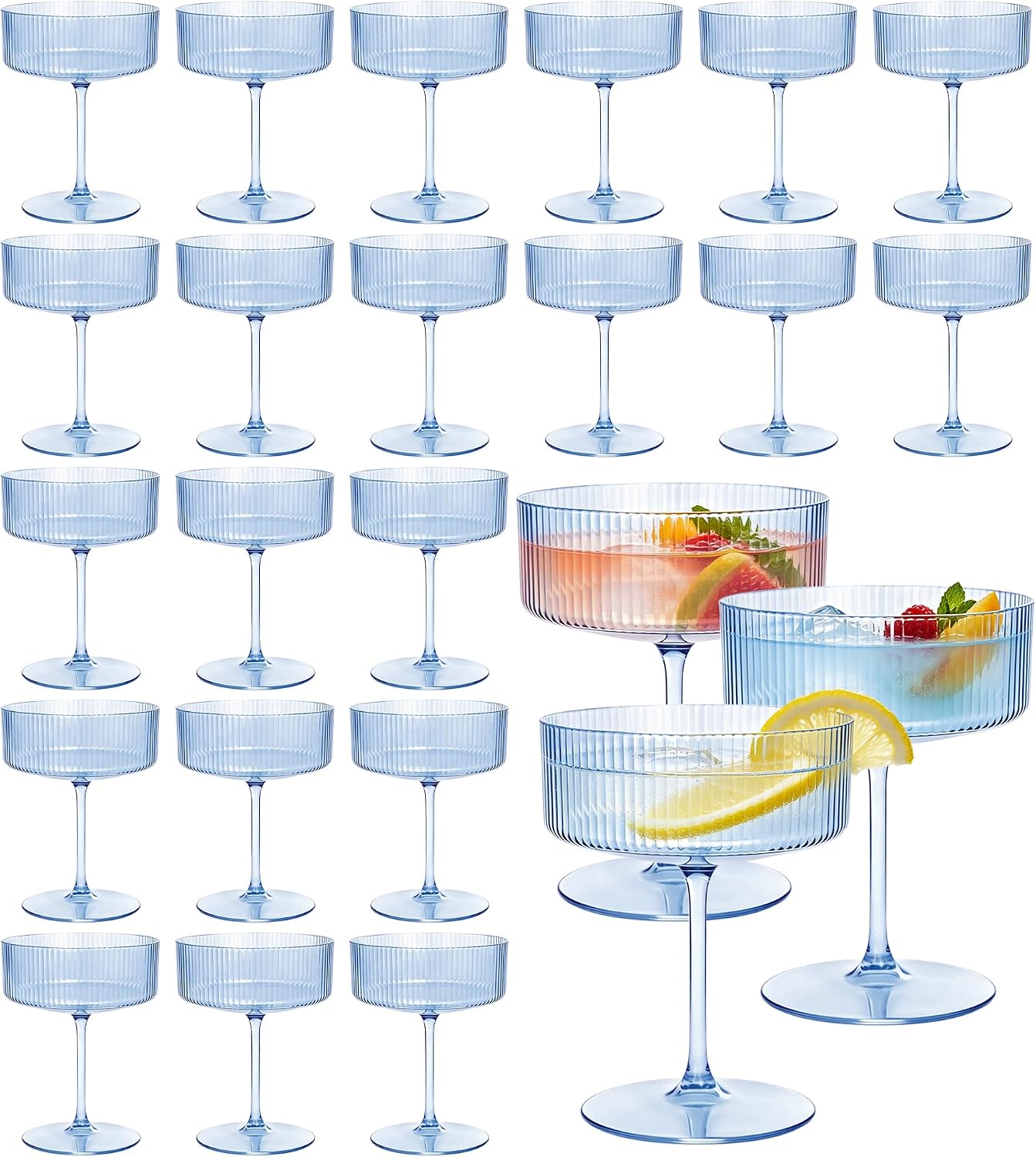 Ribbed Plastic Martini Glasses, 10oz Unbreakable Coupe Glasses with Stem, Reusable Cocktail Glasses, for Bar, Margarita, Whiskey, Wedding,Birthday,Party Supplies (24, Blue)