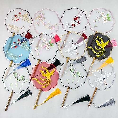 Miniatura 9 de Ventilador de mano bordado de seda translúcida, ventilador redondo chino, ventilador de mano antiguo, ventilador de baile tradicional de palacio,