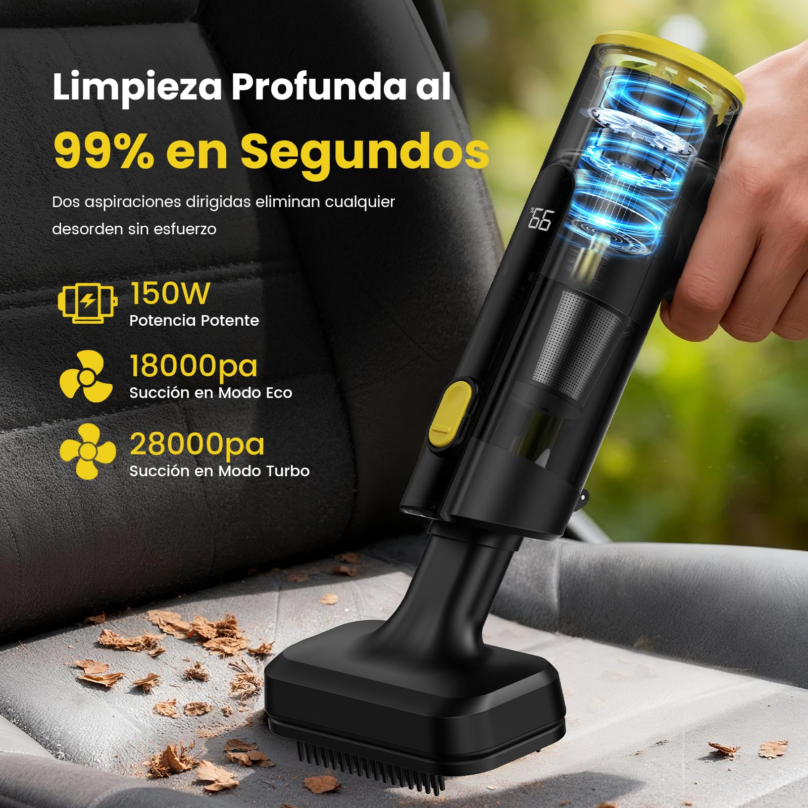 V5 Aspiradora de Mano sin Cable 28KPa/60Min,Aspiradora Coche Potente | Mini Aspiradora de Mano Portátil 3 en 1 Aspirar/Soplar/Inflar, Pantalla LED, Luz Verde y Filtro HEPA