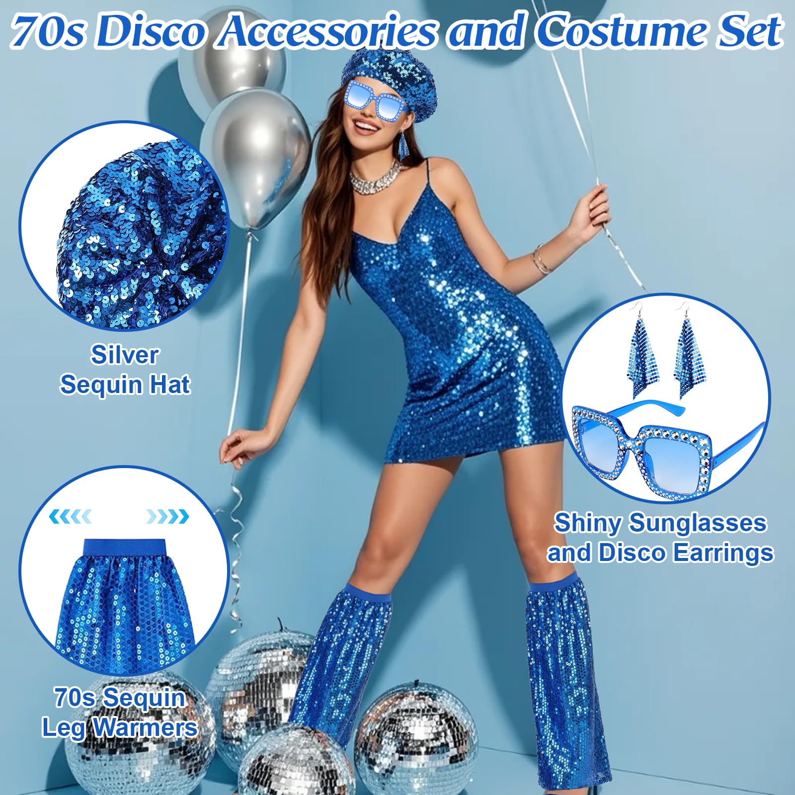 YAEGMIMHT 5Pcs 70s Accessories for Women Disco Fancy Dress Accessories, Sequins Beret Hat Leg Warmers Sunglasses Earrings - Image 3