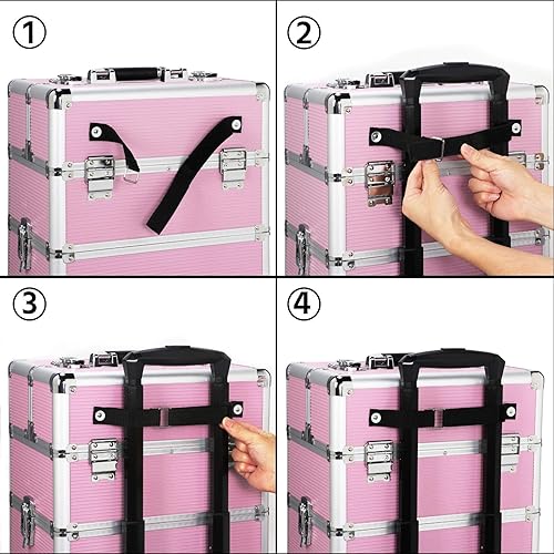 Miniatura 7 de Topeakmart Estuche rodante de maquillaje profesional 4 en 1, estuche grande de aluminio para cosméticos, estuche de maquillaje para viaje,