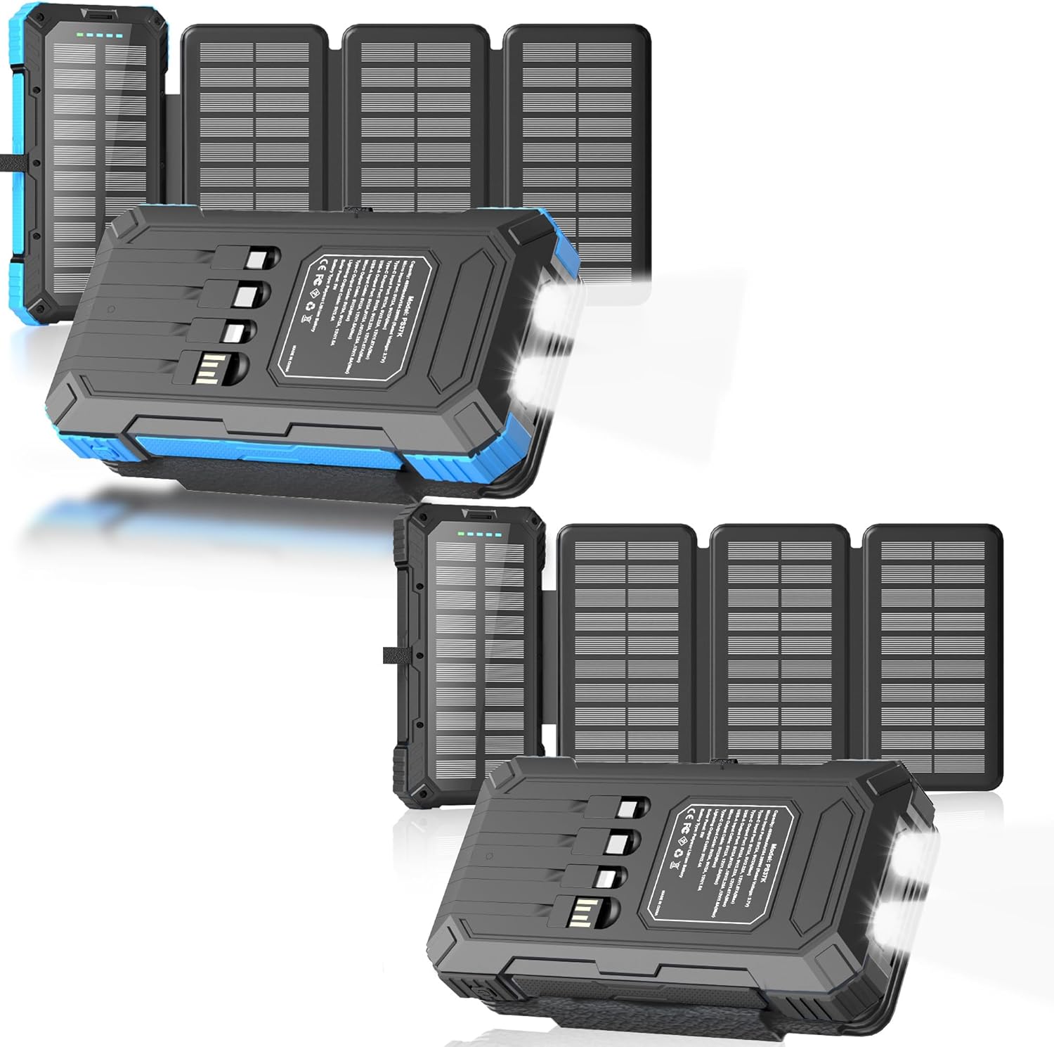 2 Pack, Solar Charger with Built-in Cables 49800mAh +Solar Power Bank 49800mAh with USB-C Port/LED Flashlight for Camping, Travel, Outdoor Activities