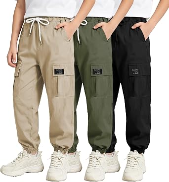 AOWKULAE 3 Packs Boys Drawstring Cargo Joggers Pants with Pockets 6-16Y