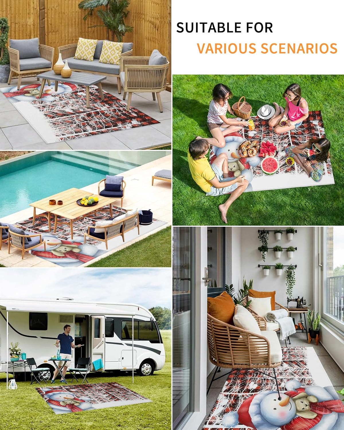 Outdoor Rug, Christmas Snowman Tree Scarf Hat Winter Snow Red and Black Checkered Absorbant Non-Slip Area Rugs Mat Carpet for Patio Balcony Porch Backyard Deck Rv Camping 5x8 ft