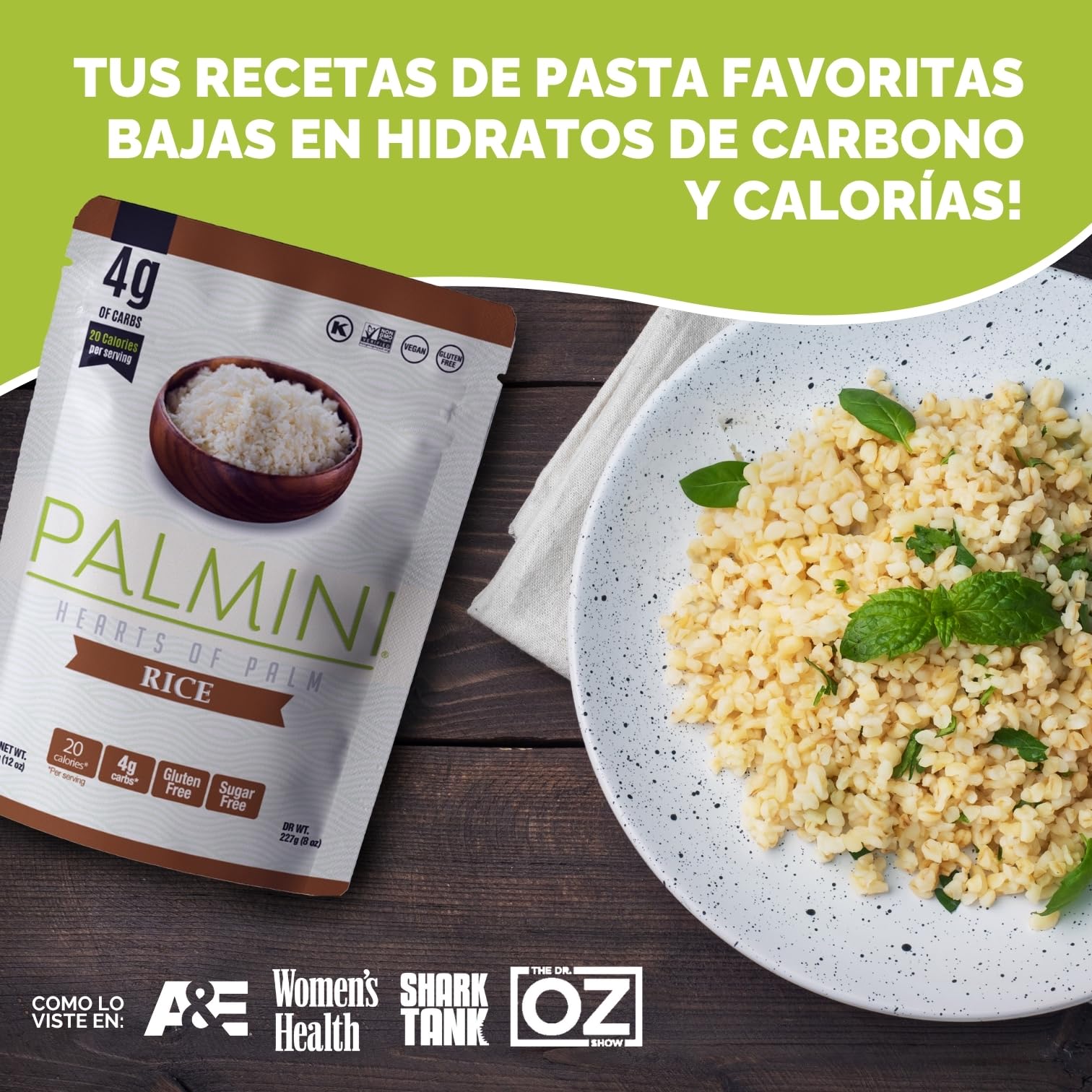 PALMINI Arroz - Palmito – Bajo en calorías – Bajo en carbohidratos – Keto - Vegano – Libre de OGM – Libre de Gluten – Sin azúcar – 338g | (Pack de 6 unidades)