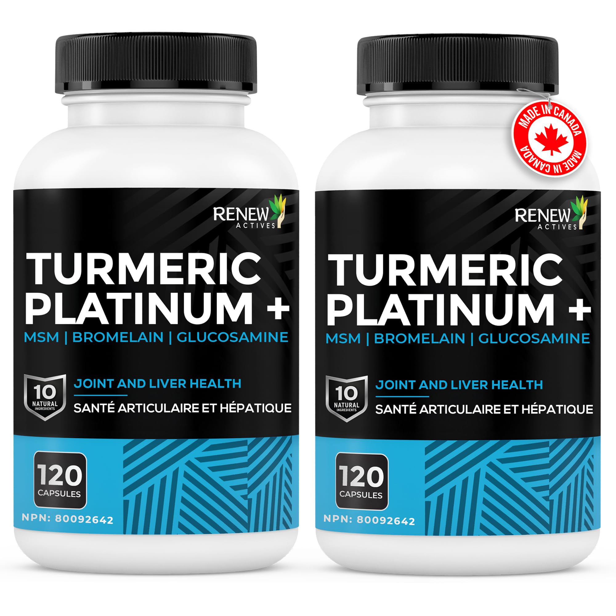 RENEW ACTIVES Turmeric Platinum 1350MG per 3 Capsules with Black Pepper & Ginger – Antioxidant, Liver & Digestive Support – Reduces Inflammation & Boosts Immunity – Made in Canada – 120 Capsules (2pk)