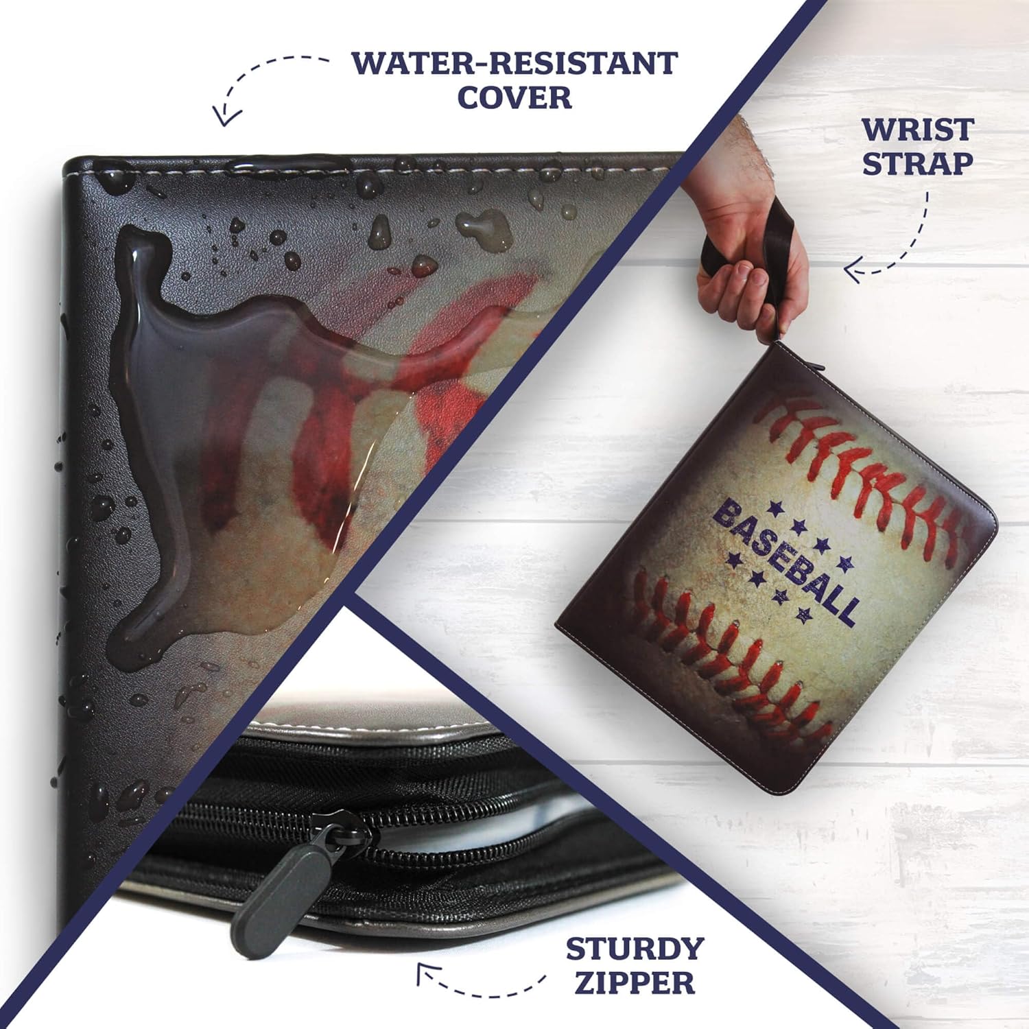 Baseball Card Binder 900 Pockets, 50 Pages, 3 Ring Trading Zipper Binder w/Strap, Large Storage, 9 Pocket Organizer Sleeves, Metal Release Tabs, Leather, Baseball Card Holder, Sports Collectors Gift