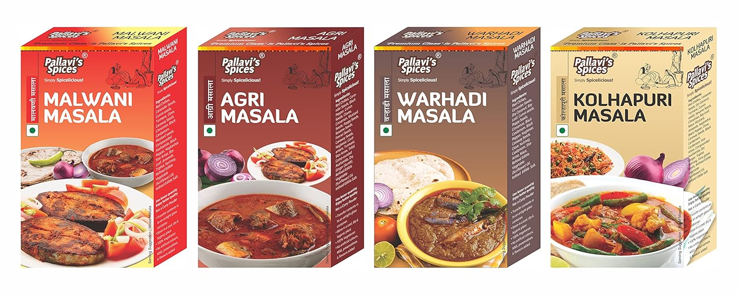 Pallavi's Spice Authentic Indian Spices Malwani Masala, Agri Masala, Kolhapuri Masala and Warhadi Masala, 100 Grams of Each Spice (Combo of 4)