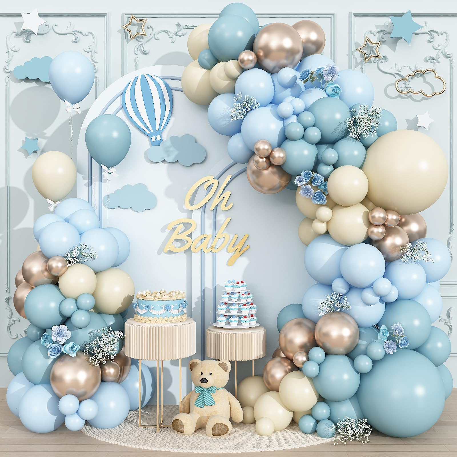 Dusty Blue Balloon Arch Kit Slate Baby Blue Metallic Champagne Gold Sand White Balloon Garland Boho Fog Haze Pastel Light blue Birthday Party Balloons for Boys Bear Bridal Shower Decorations 102Pcs โ image 1
