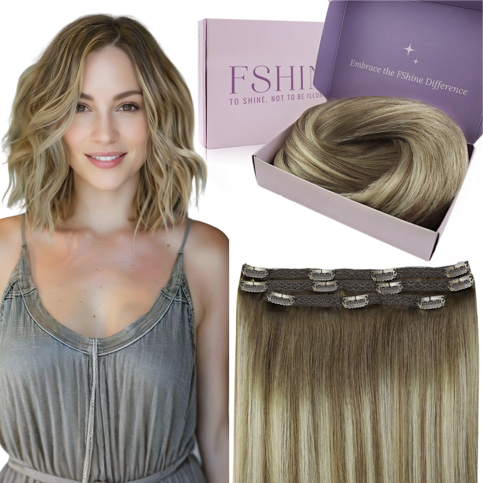 Fshine Extension Capelli Veri Clip 30 cm Extension Clip Capelli Veri 50 g Lisci Umani Castano Scuro Castano Chiaro Biondo Chiaro Estensione Clips Invisibile Remy Compleanno 3 8 22