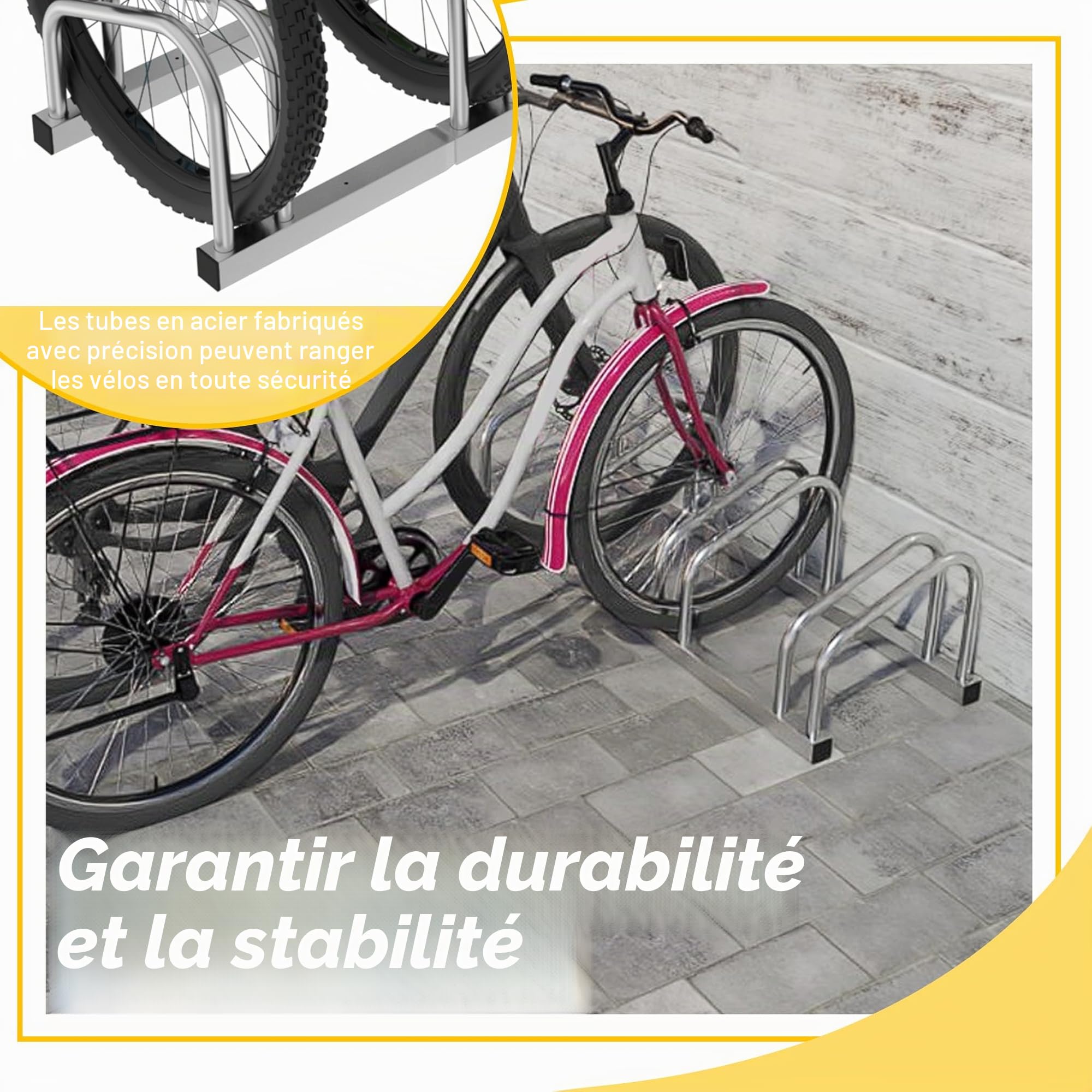 FIVMEN Porte-vélos pour 8 vélos Support de vélo Support à poser au sol et au mur Distance entre les roues de 37 cm Galvanisé Support multiple pour largeur de pneu de 30-65 mm VTT Vélo de course VTT