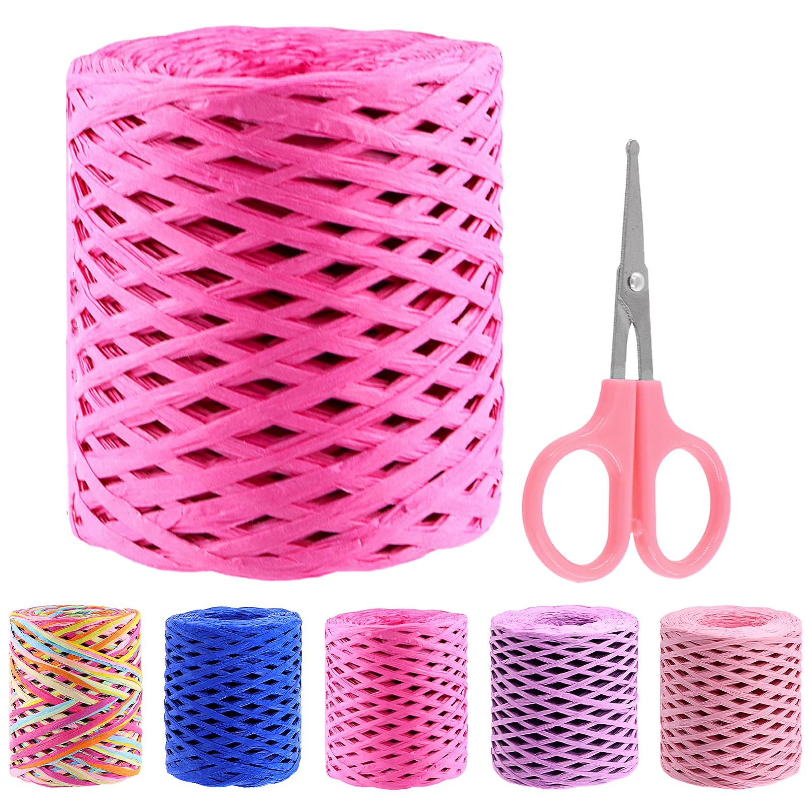 Swpeet 1 Roll Beautiful Rose Red 218 Yards Raffia Paper Craft Ribbon with Scissors Assortment Kit, Natural Raffia String Kraft Craft Packing Paper Twine for Gifts DIY Supplies Flower Bouquets