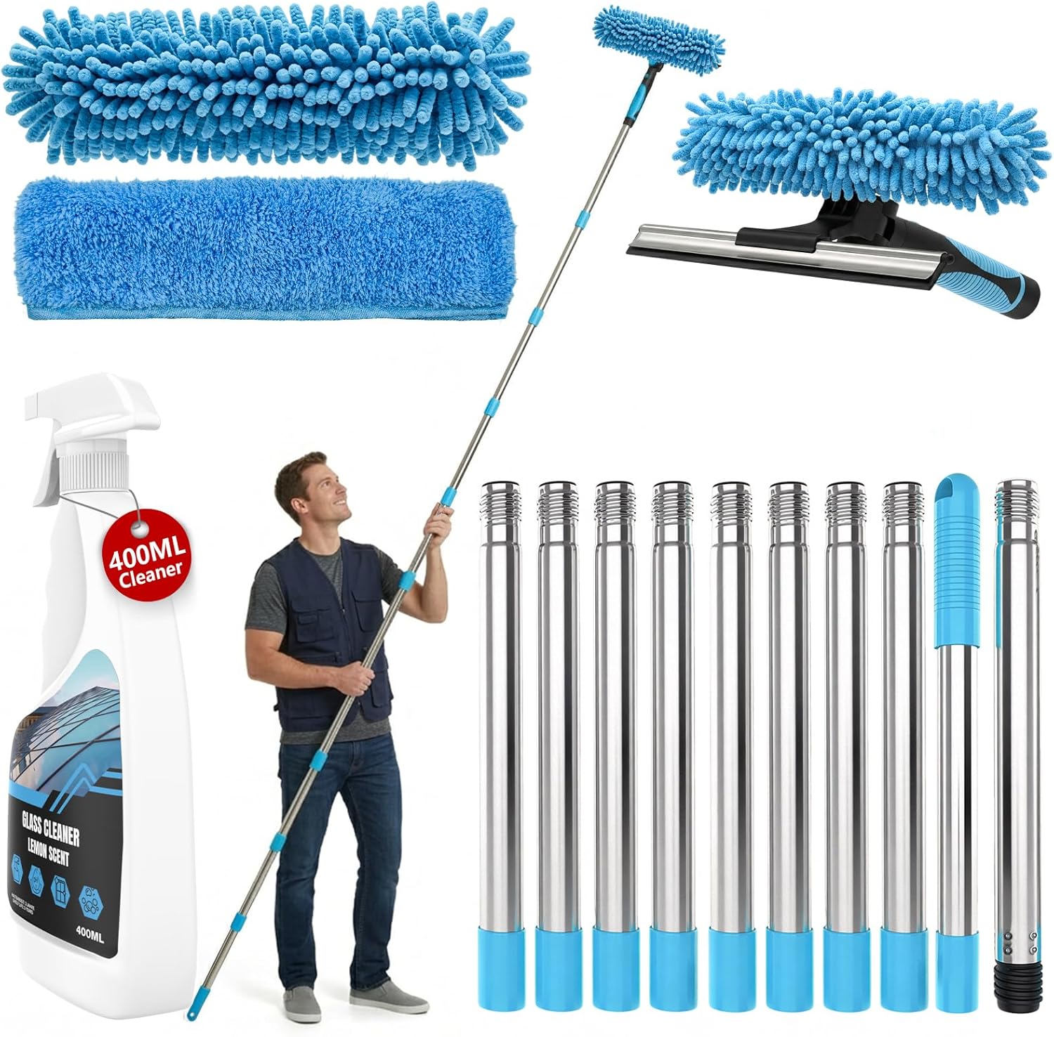 4.5M Fensterputzer Set mit 400ml Fensterreiniger, 2-in-1 Fensterabzieher mit Teleskopstange, Profi Fenster Reinigungsset Hocheffiziente Streifenfreie Reinigung für Hohe Fenster,Dusche,Spiegel,Autos