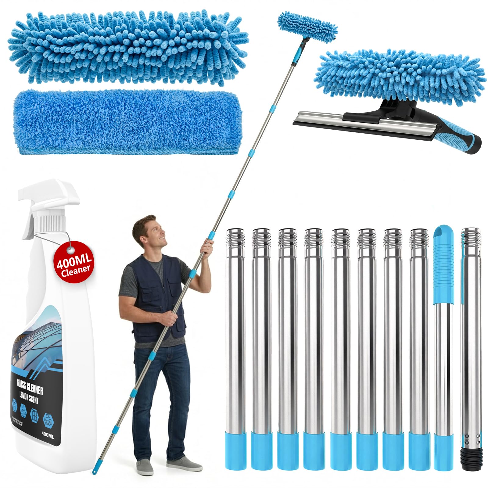 El juego de equipo de limpieza de ventanas de 4,5 m incluye limpiador de ventanas de 400 ml y escobilla de goma 2 en 1 con poste de limpieza extensible, kit de limpieza de ventanas sin rayas para - 2