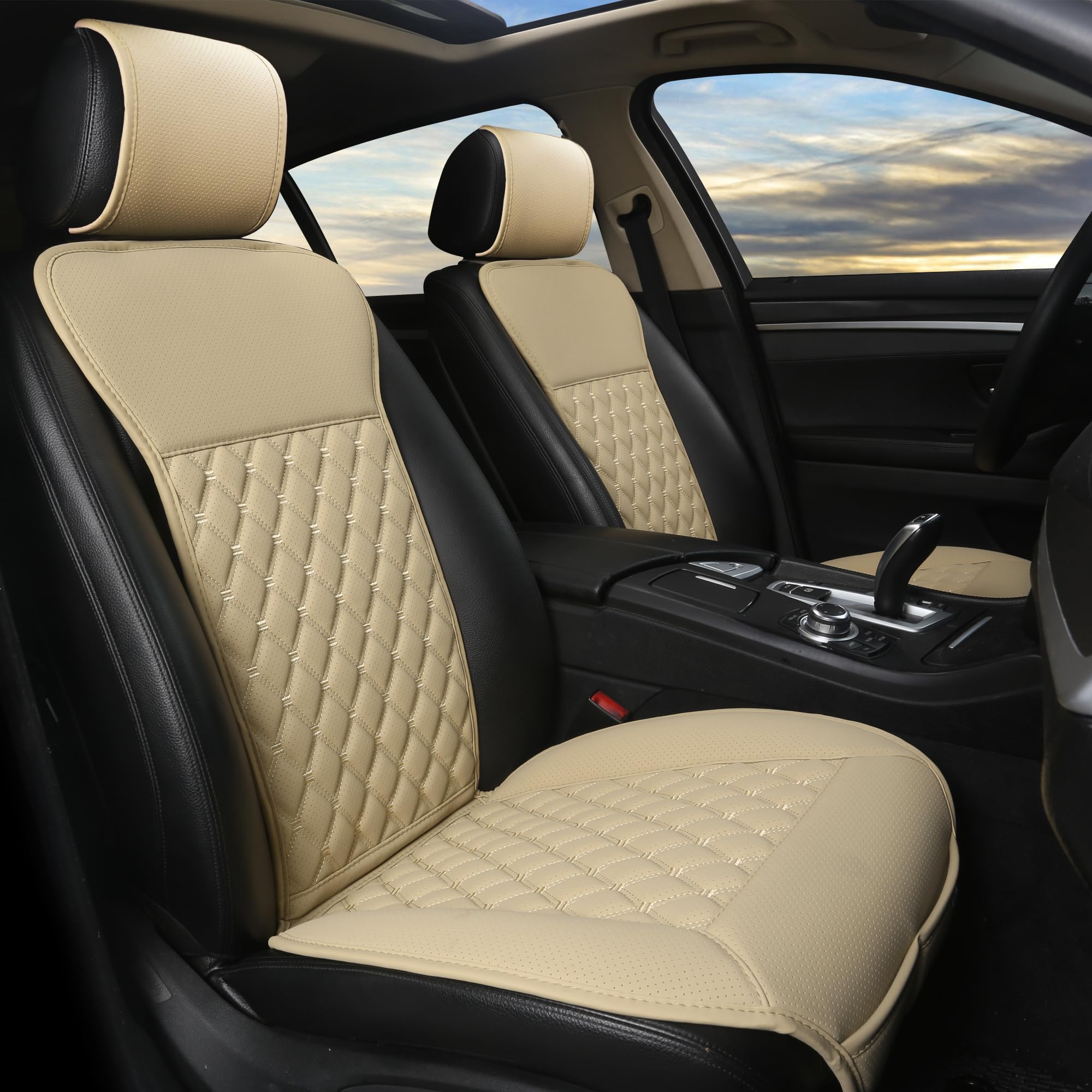 Black Panther 1 Pair Luxury Car Seat Covers Protectors, Universal Anti-Slip Driver Seat Cover with Partial Backrest Coverage (Middle Part Only), Diamond Pattern, Compatible with 95% Cars (Beige)