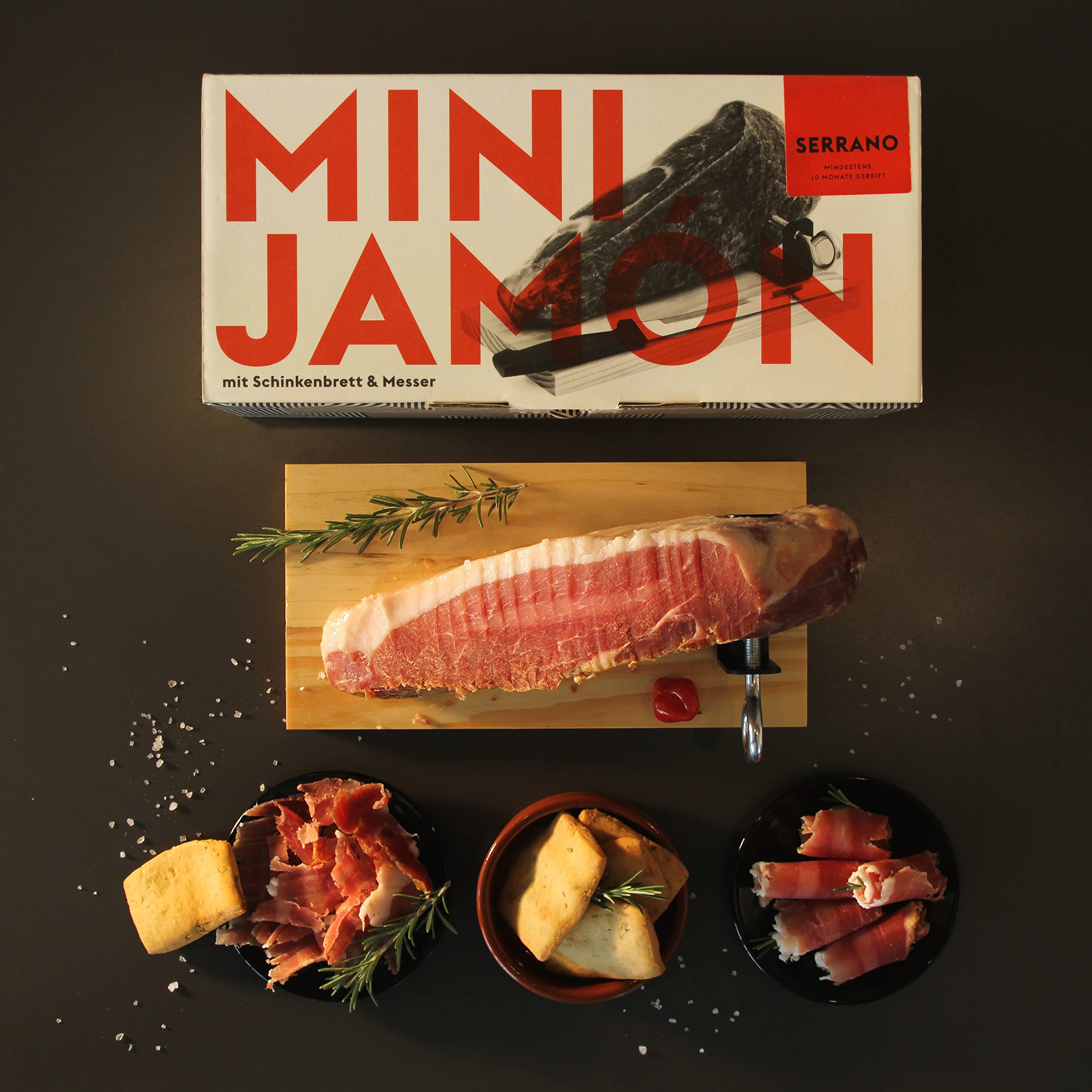 Jamon Serrano Mini im Geschenkkarton mit Holzständer und Schinkenmesser