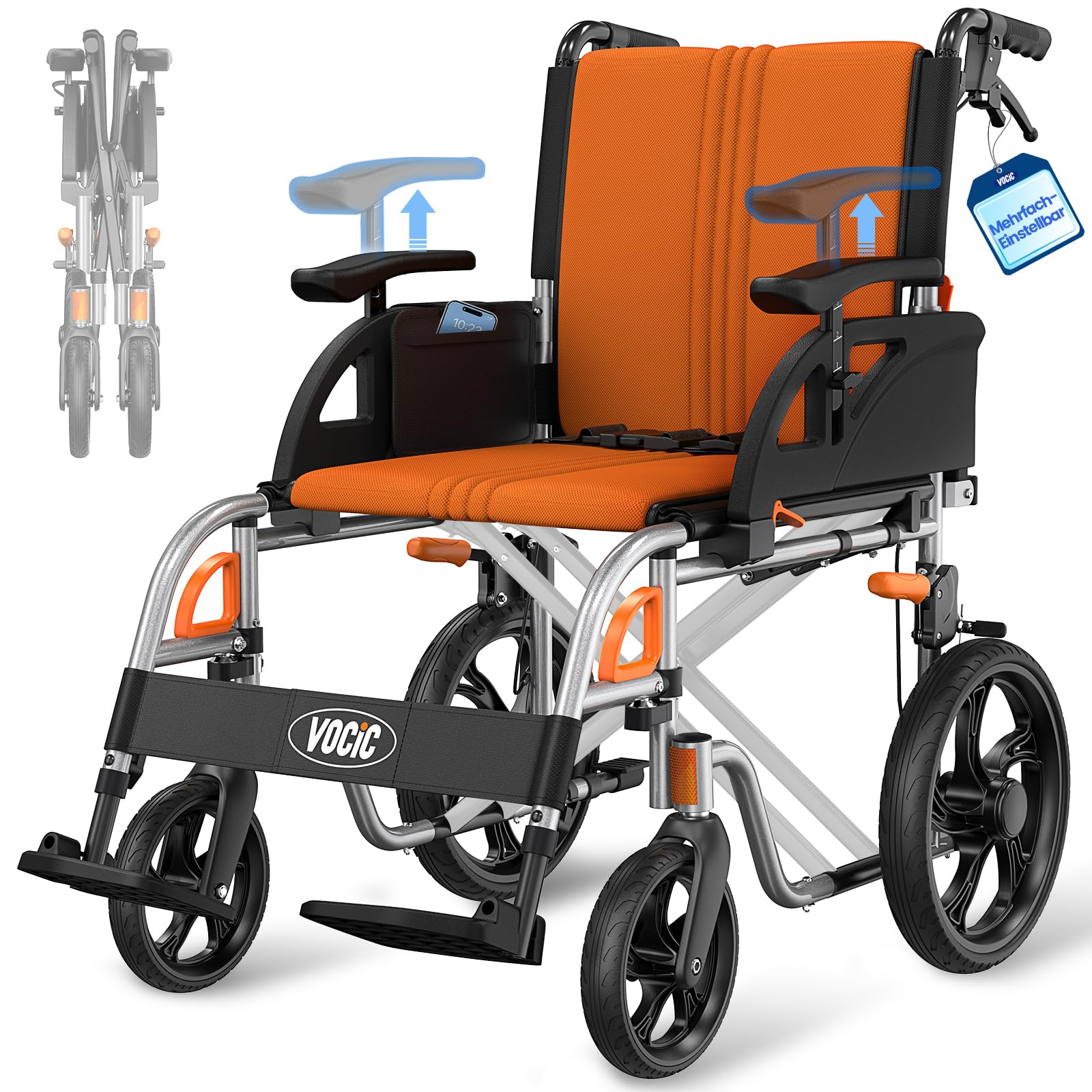 VOCIC U12 Rollstuhl Faltbar Leicht Ergonomisch Verstellbar | Klappbar bis 136KG für die Wohnung,Doppelte Bremsen,3D Komfortkissen,30CM Großreifen,Aluminium Schmaler|Orange