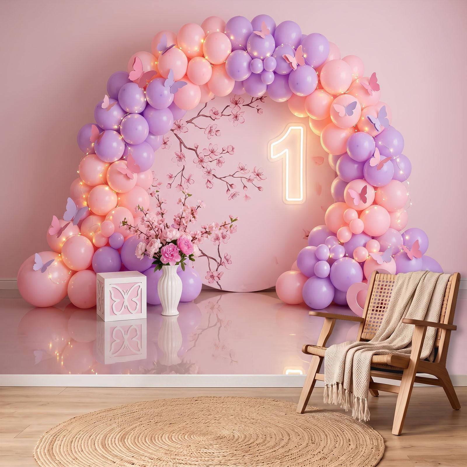 Vlies Fototapete Romantisch 250 x 175 cm - Fototapeten Tapeten für Wohnzimmer Schlafzimmer Kinderzimmer - Vliestapete Wandtapete Wanddeko 3D Effekt - Rosa Ballonbogen Lichterkette Schmetterlinge