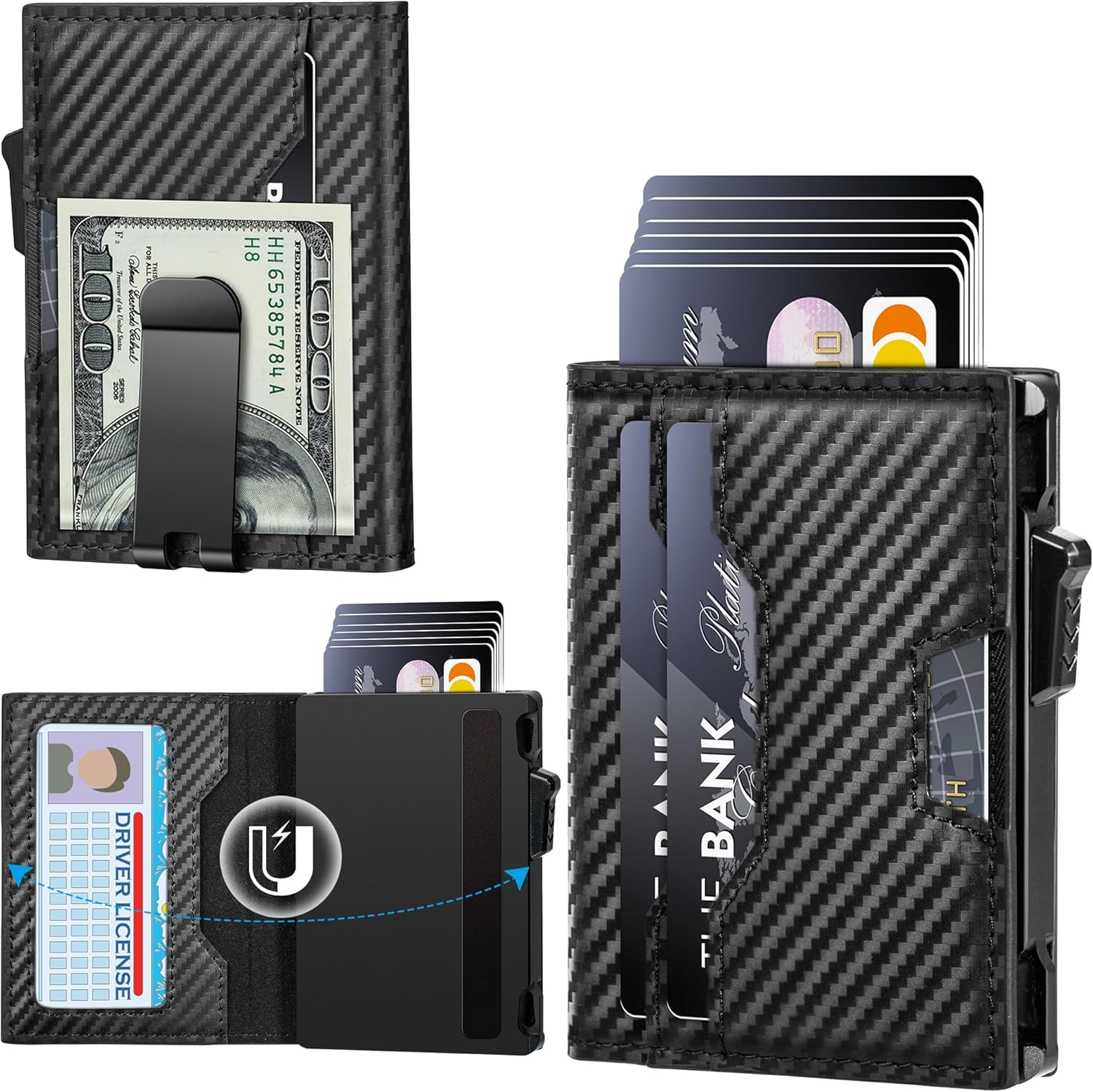 Wallet for Men, Minimalist Slim Wallet, Smart Pop Up Case RFID Blocking Bifold Wallet Credit Card Holder with Money Clip (Carbon Fiber Black) - Image 5