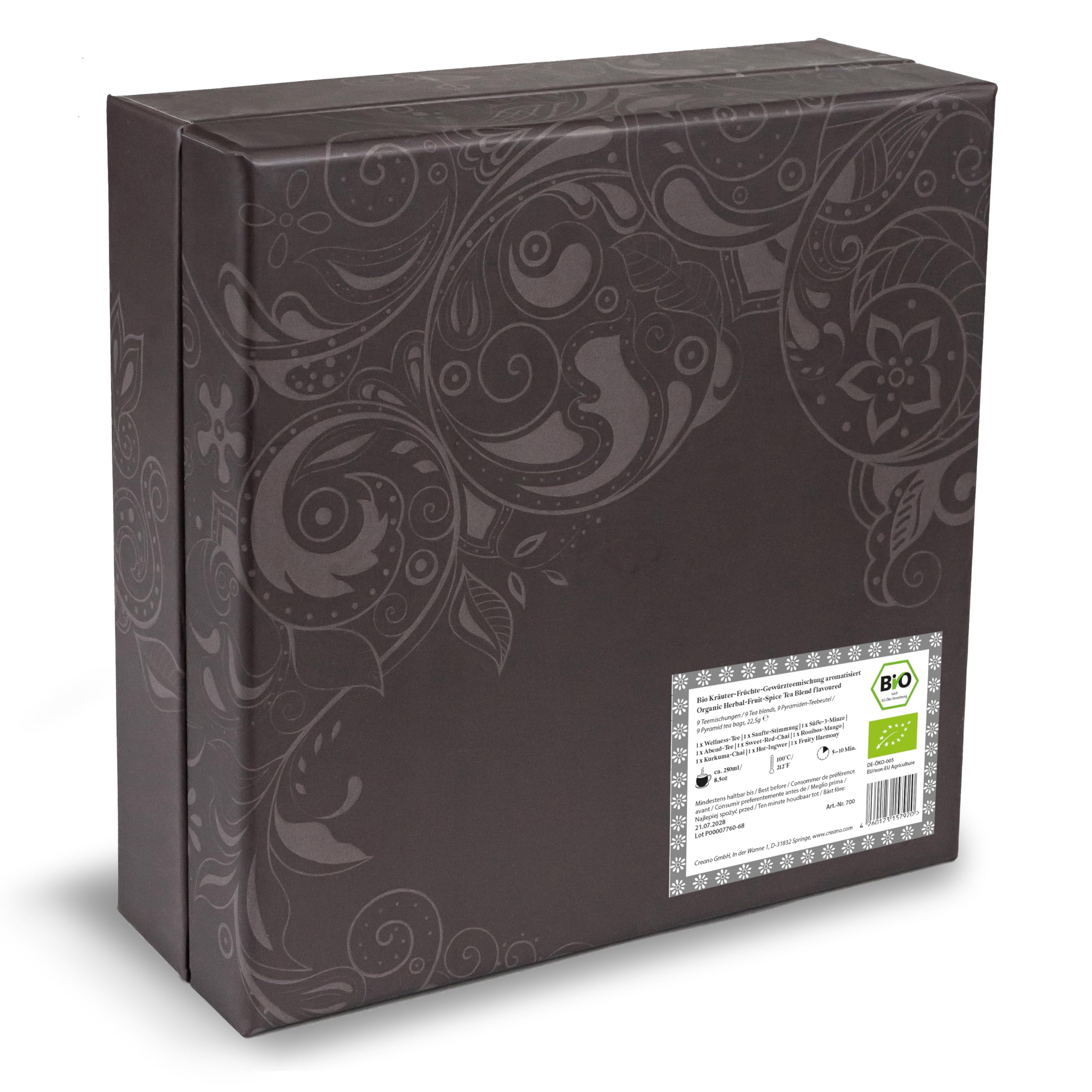 Creano Set de Regalo de Té Bio Orgánico Infusión de Hierbas 9 Bolsitas Piramidales 9 Variedades Sin Cafeína